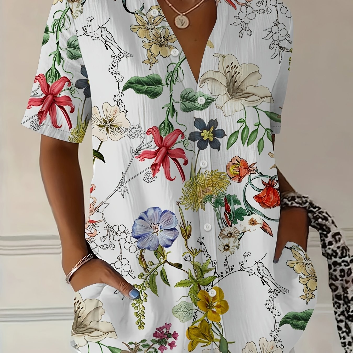 TEMU Casual Fashion Women's Button- Short-sleeved Shirt Cardigan Top
