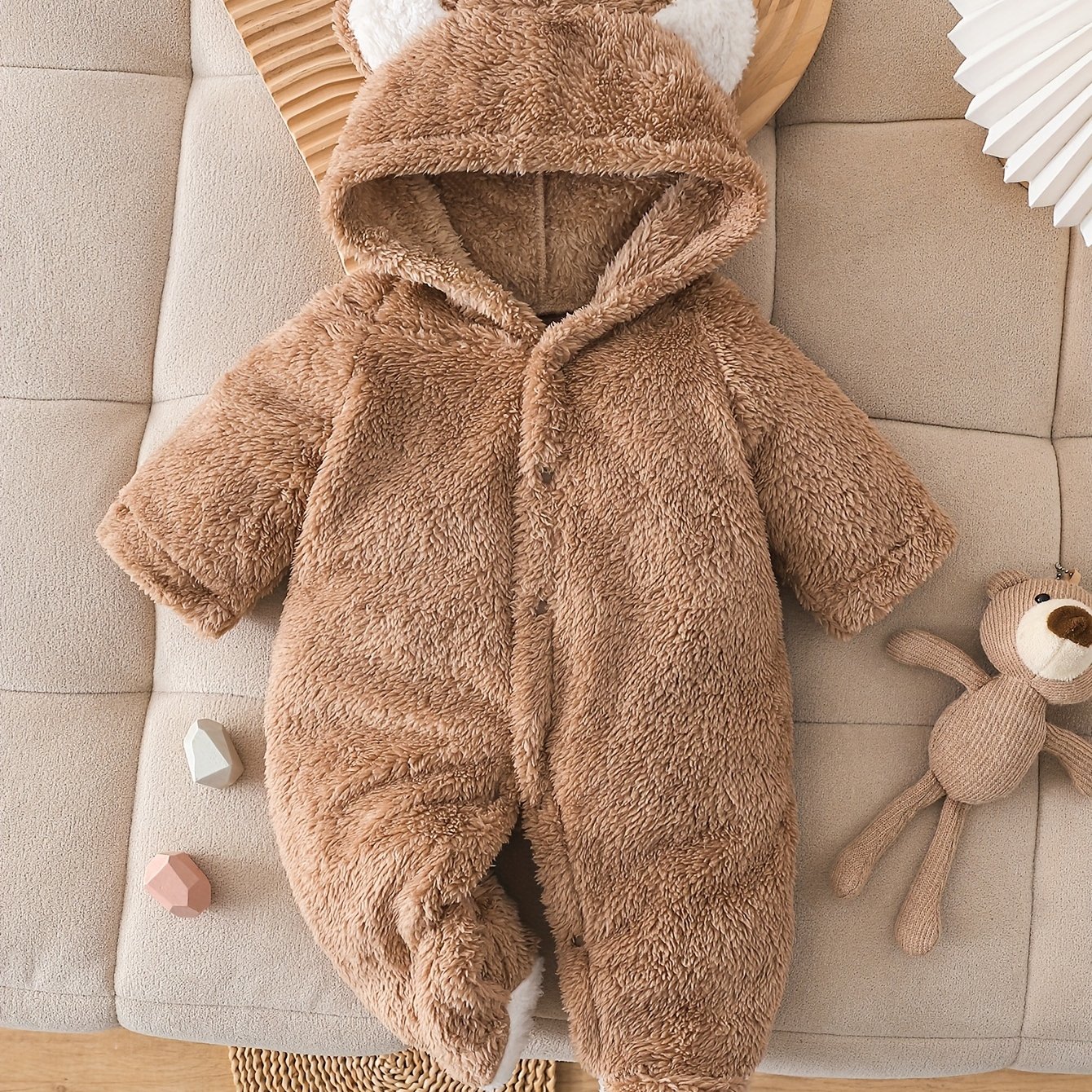 Image of Kids Reversible Fleece Plush Bear Hooded - Children's Furry Footed Onesie, For Outdoor