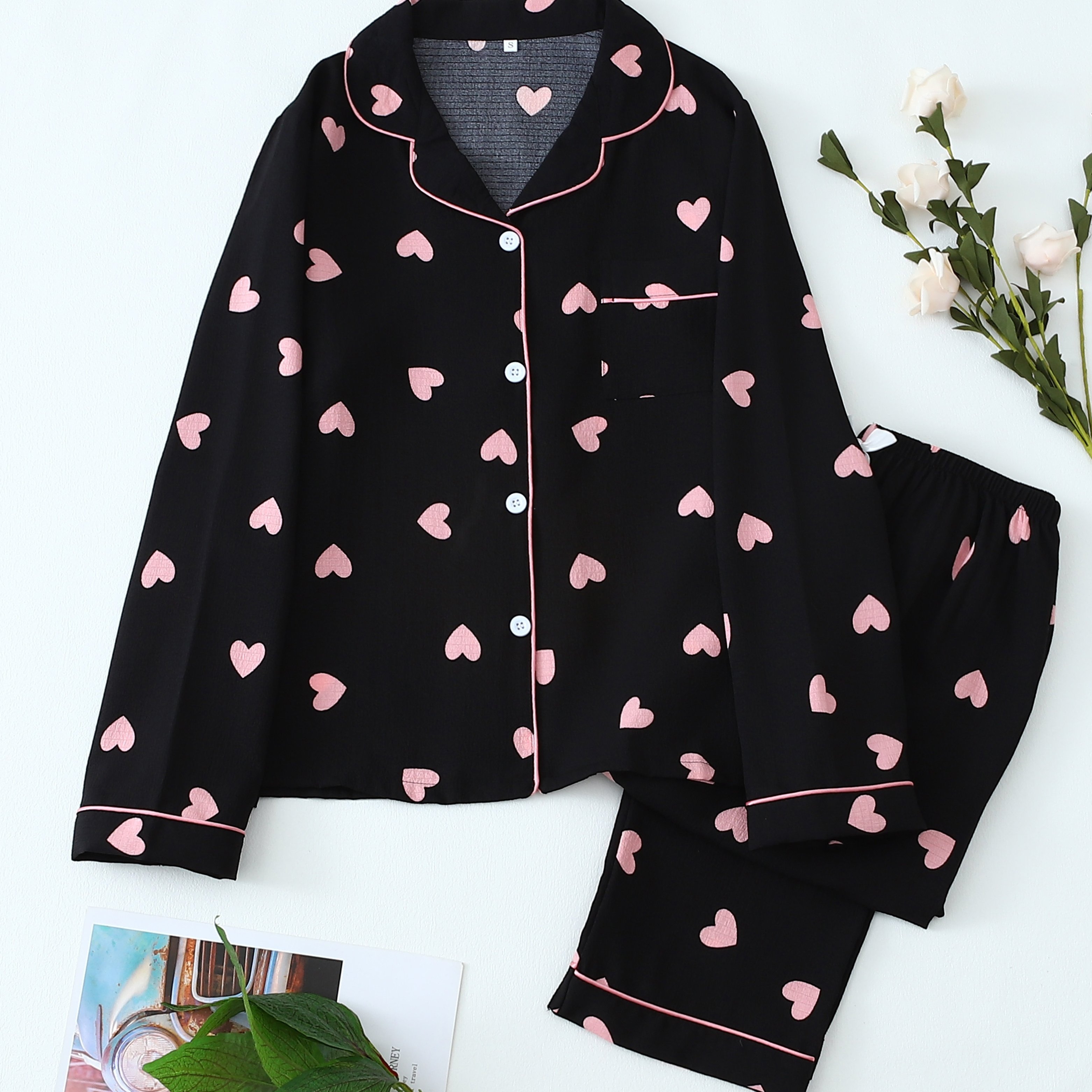 Image of Black Heart Print Long Sleeve And Pants Youth Pajama Set, For Teenager, For Teenager
