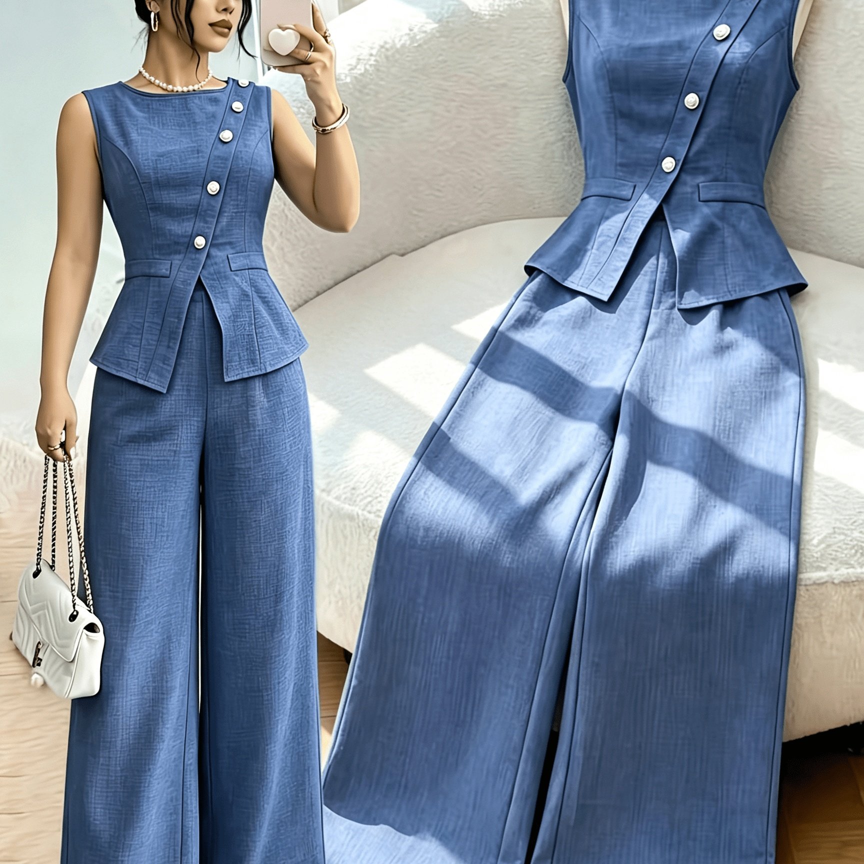 TEMU 2pcs Set, 1pc Elegant Summer Women'-piece Outfit, Suitable For Party Wear, Featuring Round Neck Design, , Waistline, And Back Vest With Slit And