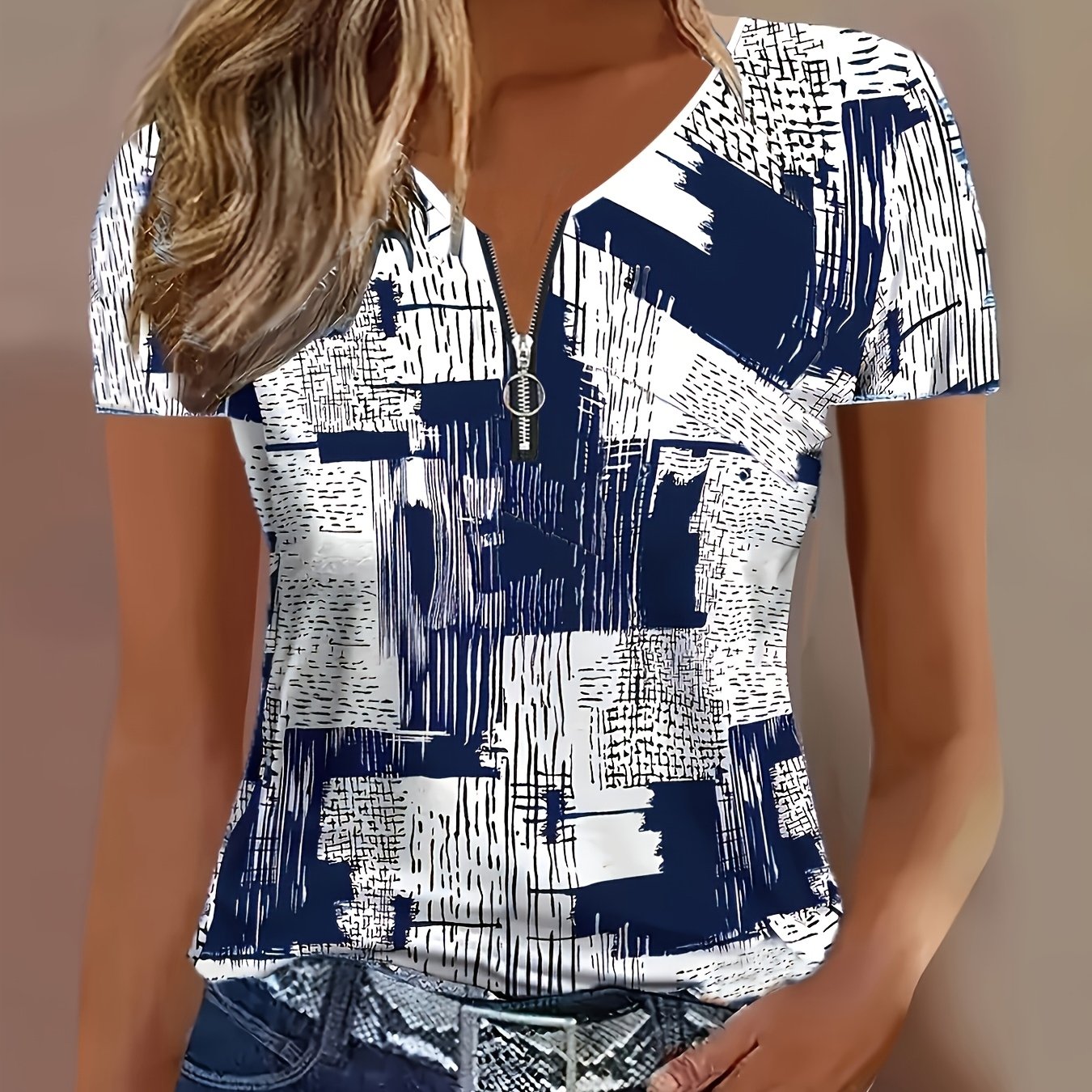 TEMU Elegant Women's Geometric Print Short Sleeve T-shirt With Zipper Detail, V-neck, Summer Casual Top For Ladies, Ladies T Shirts