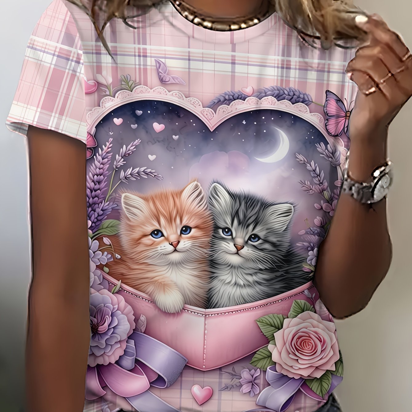 TEMU Powder Purple T-shirt, Printed With 2 Kittens, Flowers, And Butterflies, Fresh And Cute