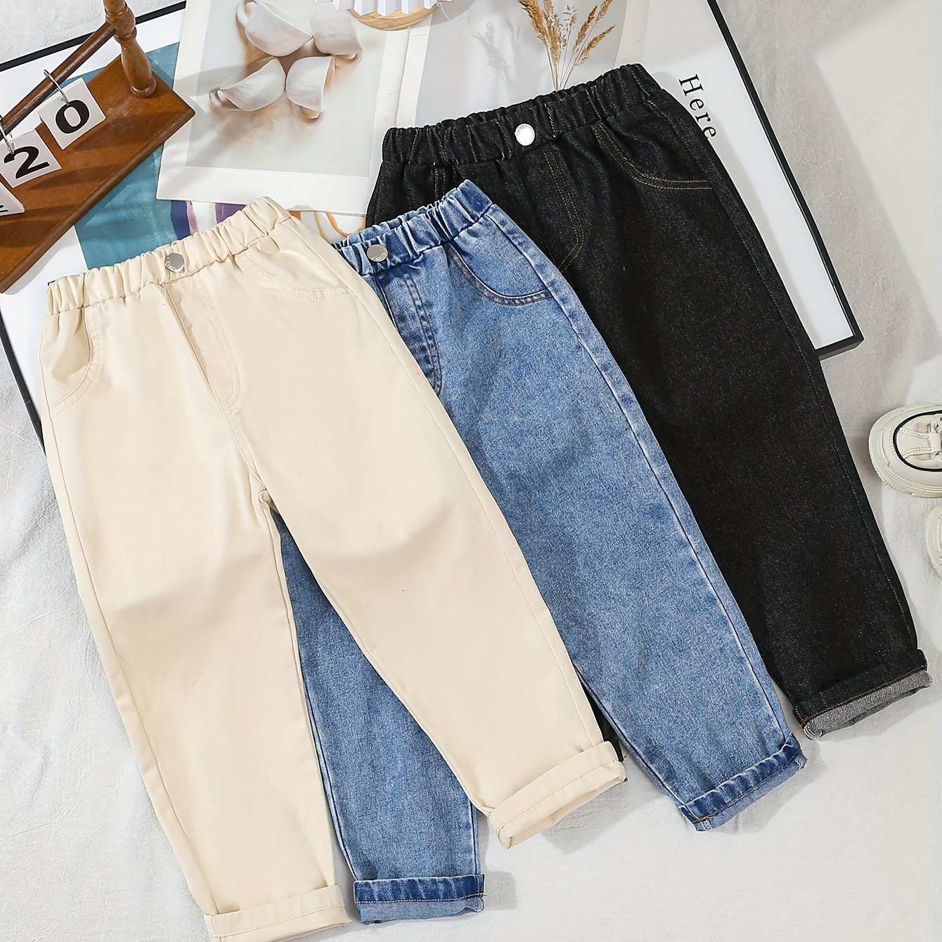 Image of Boys' Casual Denim Long Pants 3pcs Set Autumn Winter Outdoor All-match Casual Trousers Straight Leg