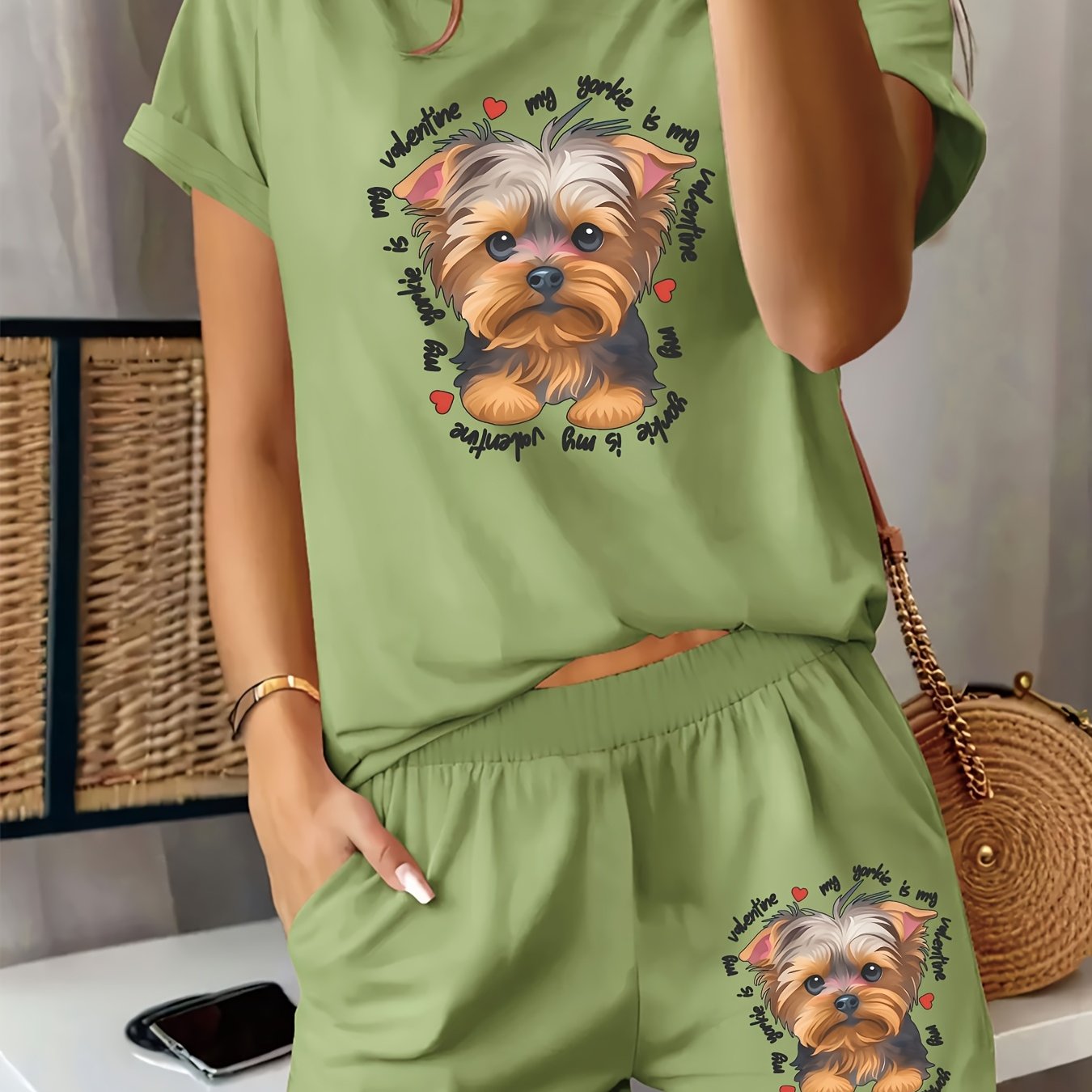 TEMU 2 pièces Ensemble Femme Maison Confortable et Tendance avec Imprimé Chiot Adorable, Plein de Mignonnerie et de Chaleur. un T-shirt à Col Rond