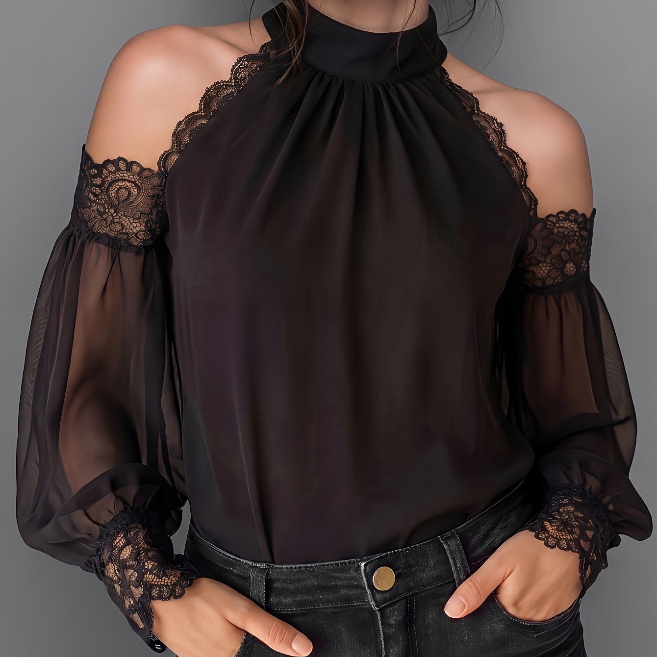 TEMU 2026 New Halter Neck Mesh Top, Sheer Mesh Sleeve Lace Blouse, Sexy Halter Blouse, Y2k Lace Trim Top, Outing Date Party Top, Date Night Sexy Top,