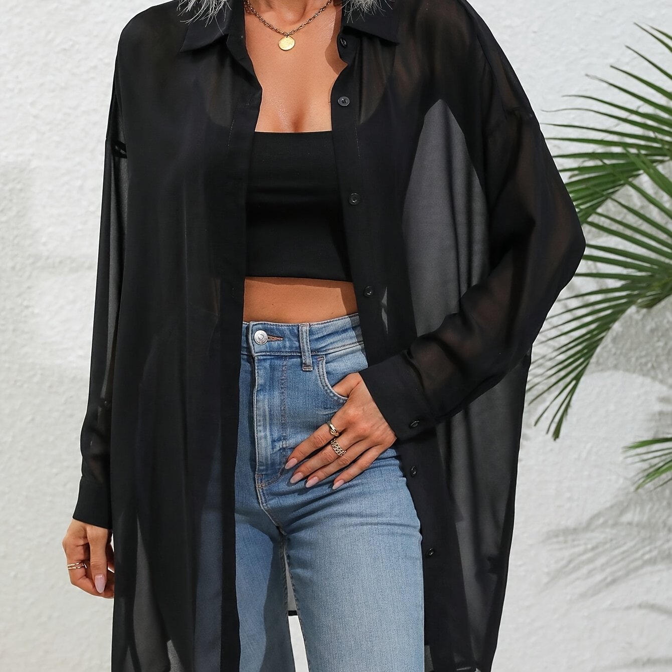 Solid Color Button-front Draped Shoulder Shirt Without Bra, Long Sleeve Mid-length Top