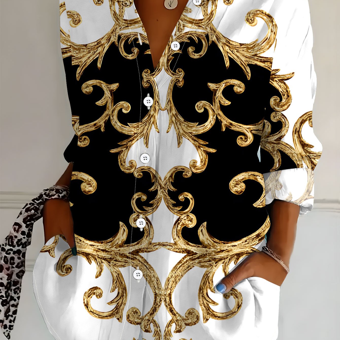 TEMU Plus Size, New Plus Size Women's Long Sleeve Printed Shirt, Versatile And Elegant Shirt For, Ornament Pattern, Loose 's Long Sleeve Fashion