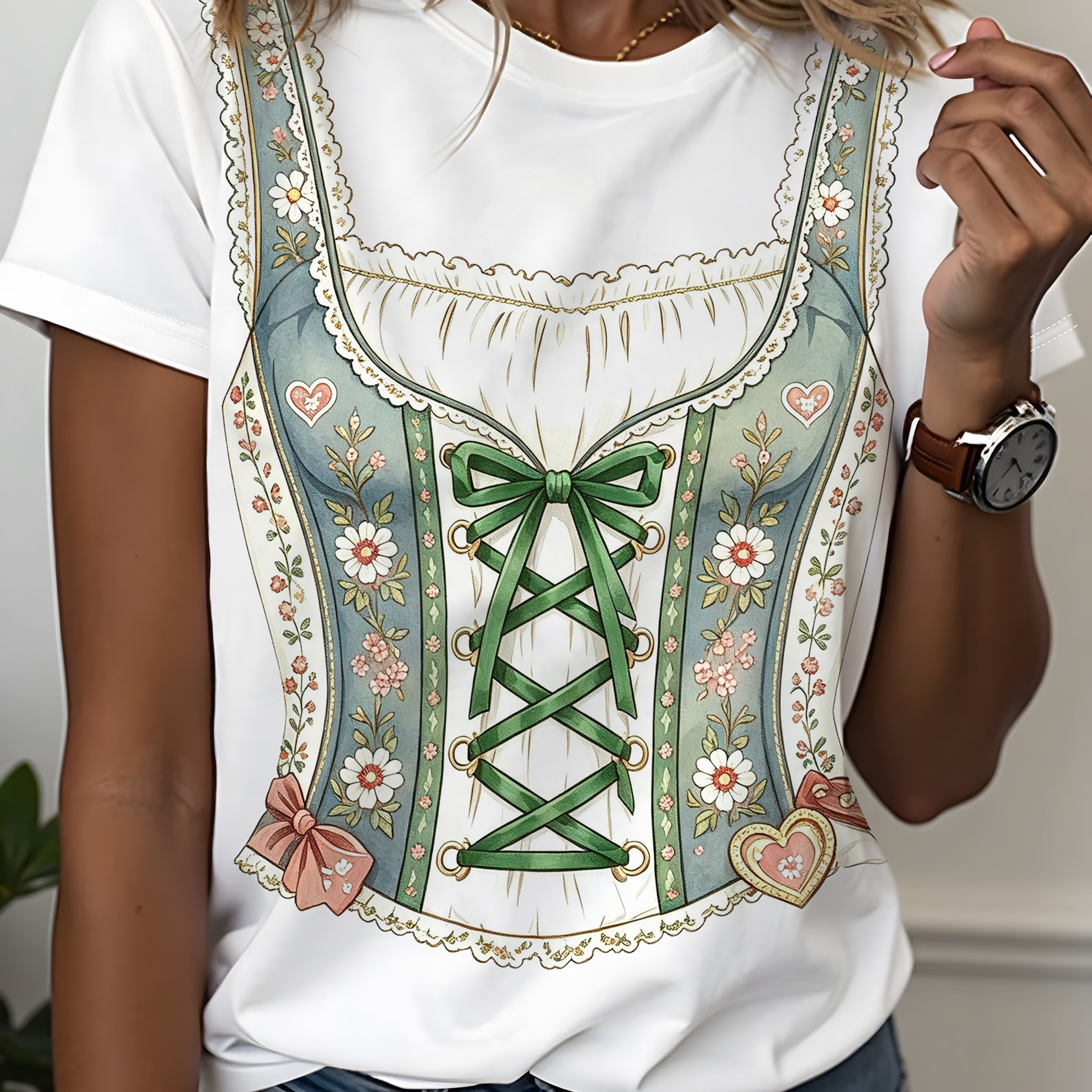 TEMU Retro Style Printed Round Neck Short Sleeve T-shirt For Women, , -friendly Breathable Fabric, Casual All-match Daily Wear