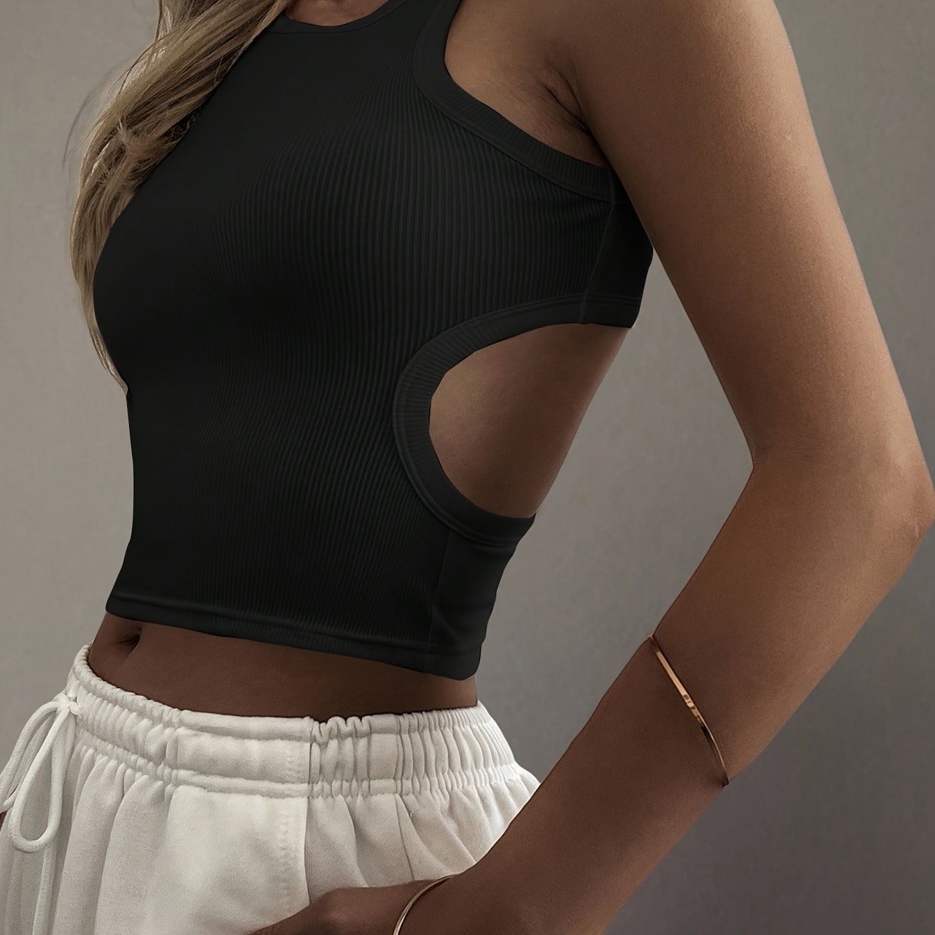 E-shop Damenmode Tanktop in Unifarben - Lochmuster Träger-Tanktop - Hochelastisches Rippstoff - Schönes Träger-Tanktop für Damen