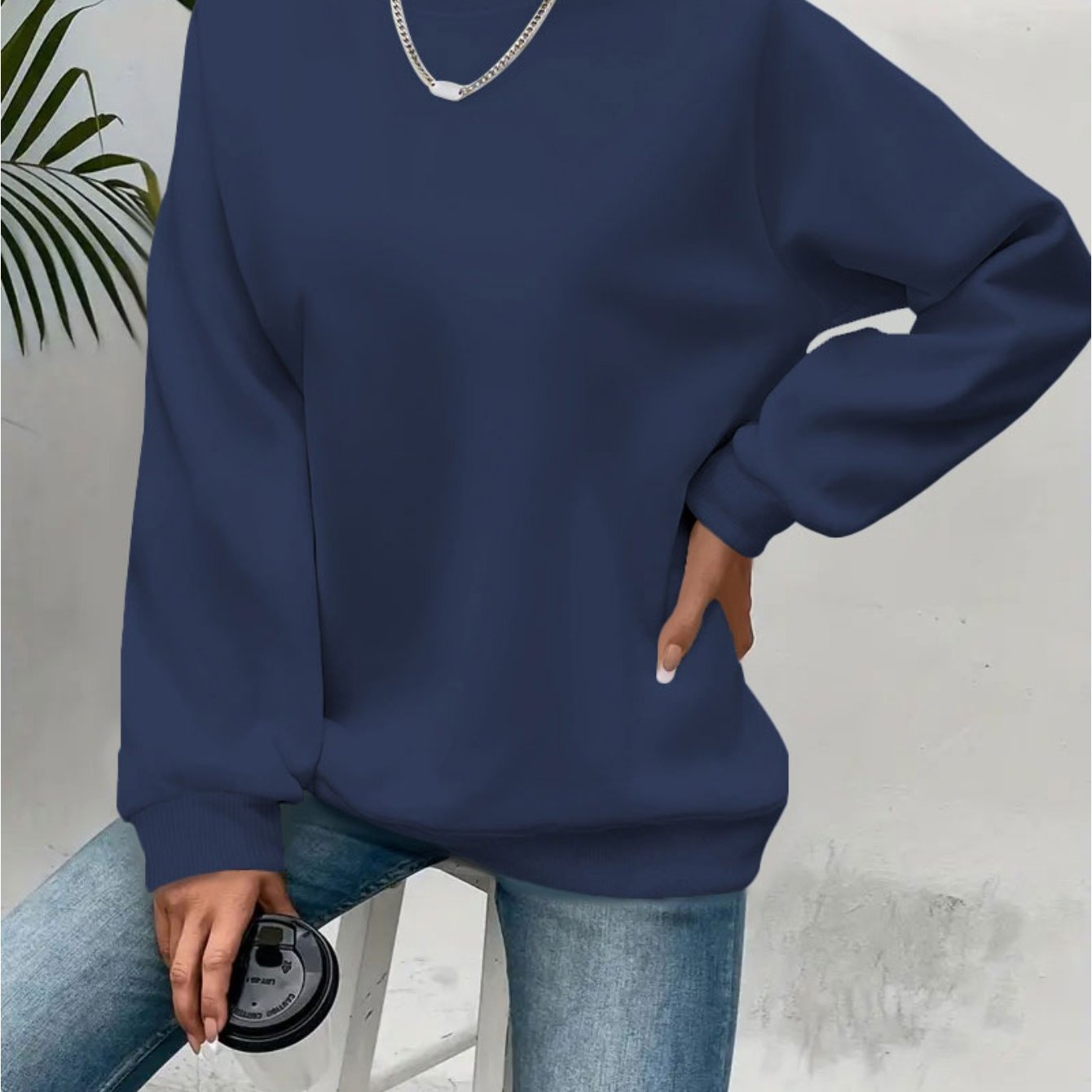 TEMU Plus Size - Plus Size - Plus Size Sweatshirt | Solid Color, Crew Neck, Stretch Fabric, , Suitable For