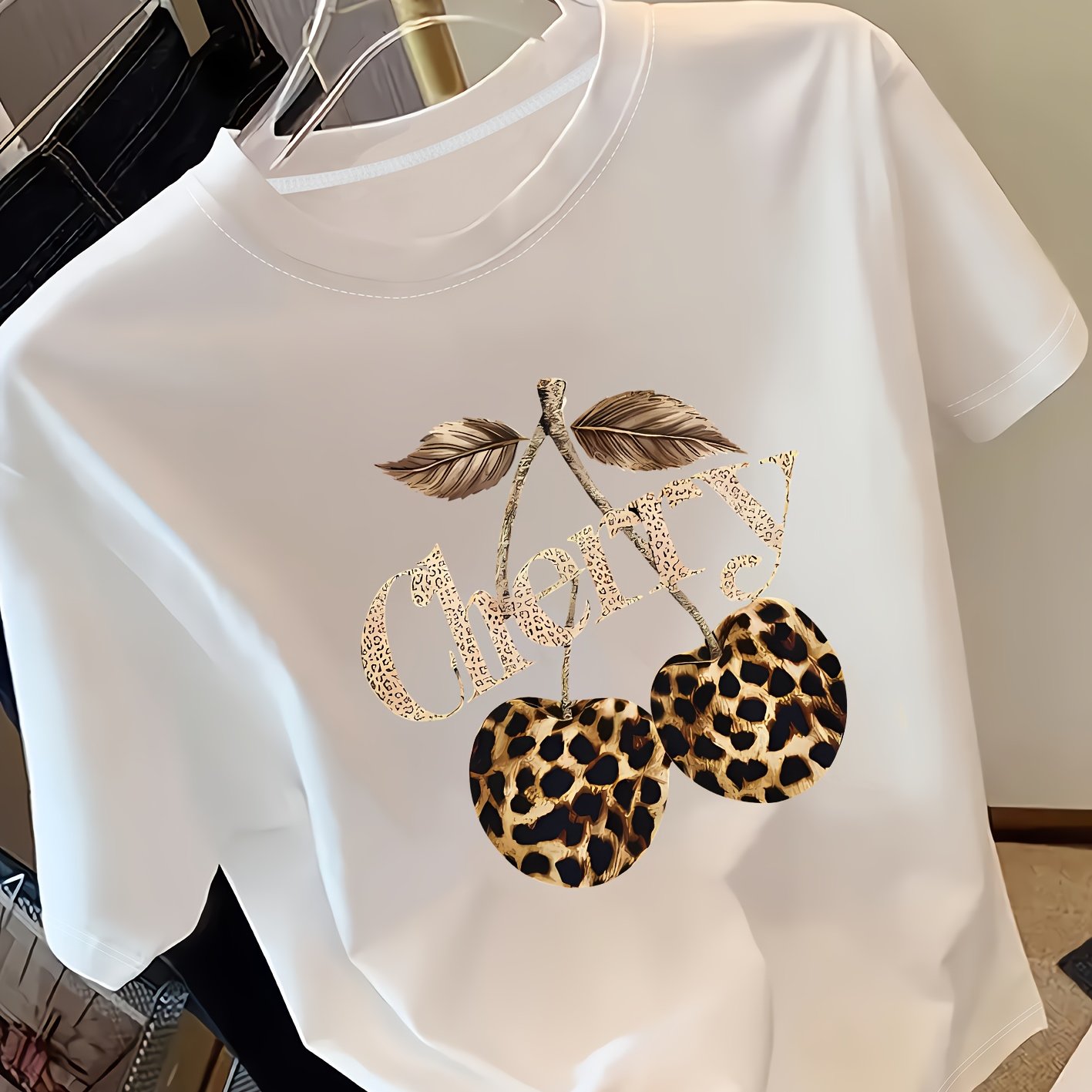 E-shop Damenbekleidung, trendiger Retro-Stil! Leopardmuster Buchstaben Kirsch Rundhals Kurzarm T-Shirt, lässiges Frühlings-Sommer-Top