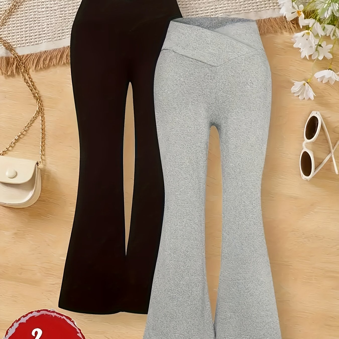 Image of 2pcs Girls' Slim-fit Wide-leg Bell-bottom Pants - Black & Gray Heavy Pants Suitable For, Machine Washable Trousers For, & Casual Attire, Perfect For Outdoor