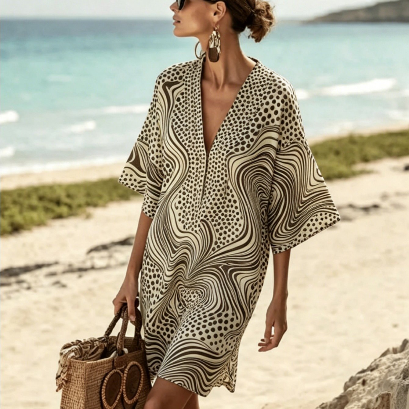 Plus Size, Plus Size Women's Spring And Summer V-neck Kaftan Dress, Bamboo Hemp, Ethnic Style, Bohemian Style, Casual Versatile Vacation Casual Skirt, Suitable For , Used As A Blouse Or Casual Dress.
