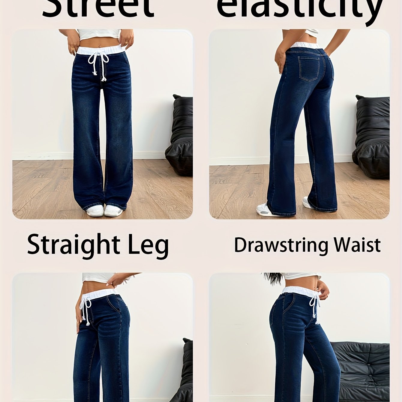 Image of -colored Women's Elegant Casual Versatile High-waisted Elastic Waist Drawstring Mid-high Elastic Trouser Legs Straight-leg Jeans Women 12-18562