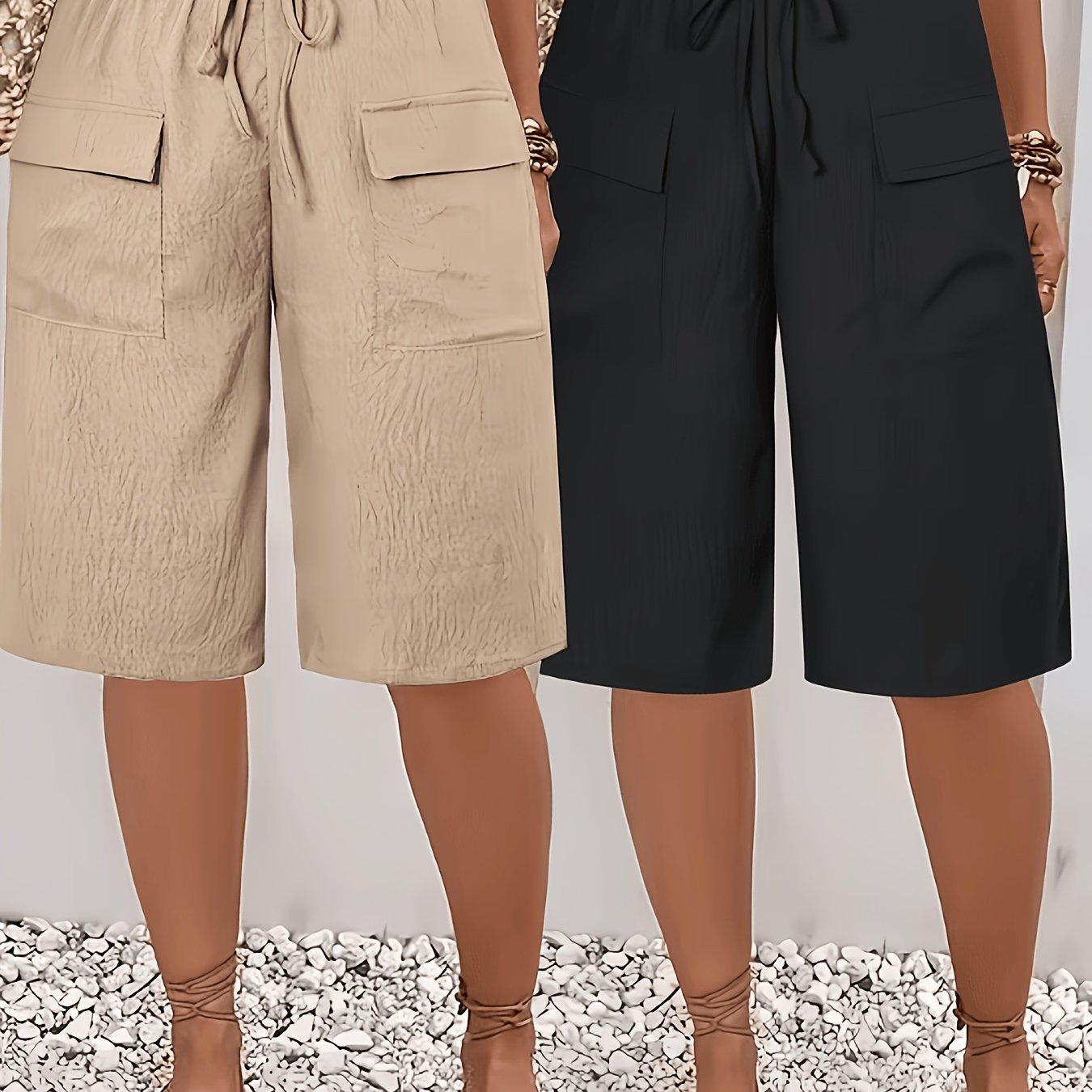 TEMU 2pcs Women's Shorts Set, Standard Size, Solid Color Beach Shorts With Pockets, Suitable For