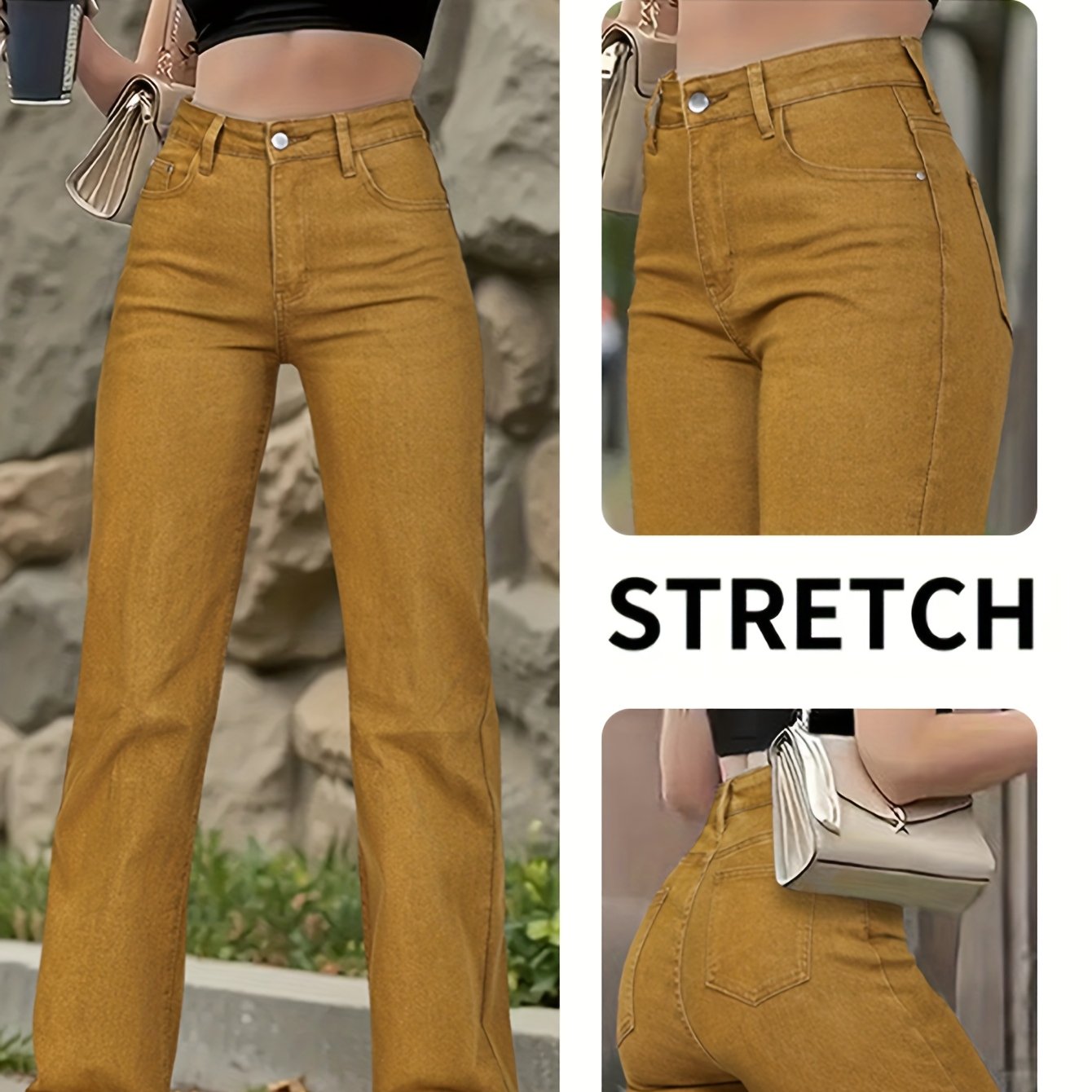Khaki Stretch Denim Straight-leg Pants With Waistband And Lift Design, High-quality Fabric + , Comfortable For Long Sitting, Earthy Yellow, Solid Color, Loose And Comfortable