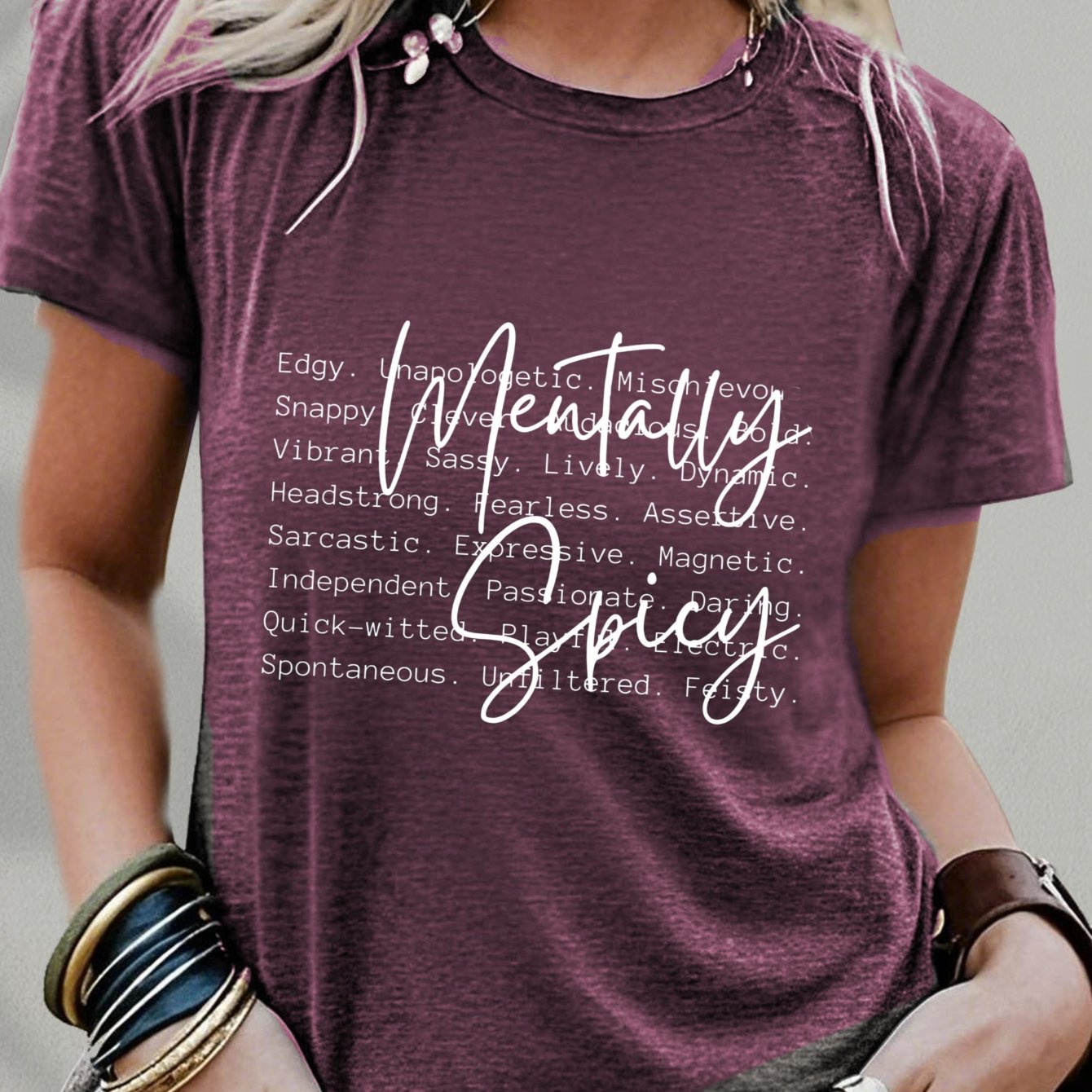 Women's Inspirational - "spiritual Spicy" Lettering, Casual Round Neck Short Sleeve Top For Self-, Casual Attire & Empowerment Outfits - Comfortable Wearable Text For & Women