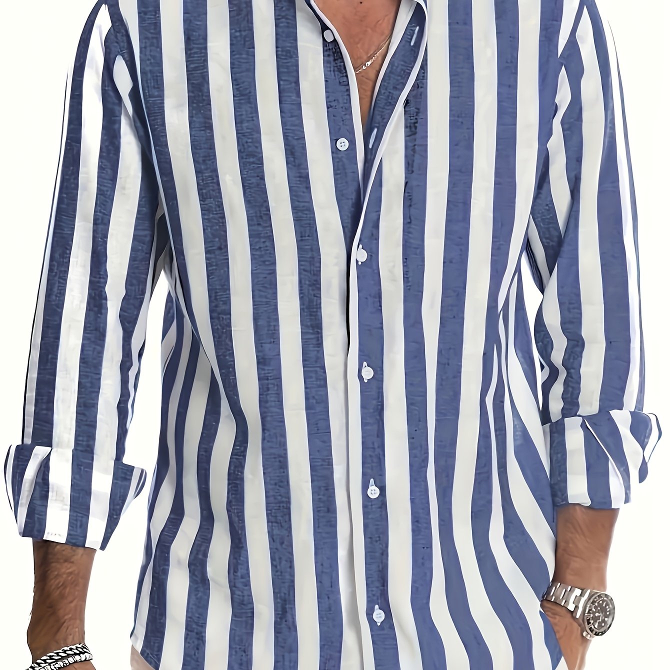 Image of Popular Cotton-linen Striped Men's Summer Fashion Simple Long Sleeve Button- Casual Collared Shirt, Versatile And Stylish, Ideal For And Commuting, A Must-have For Men, Plus Size