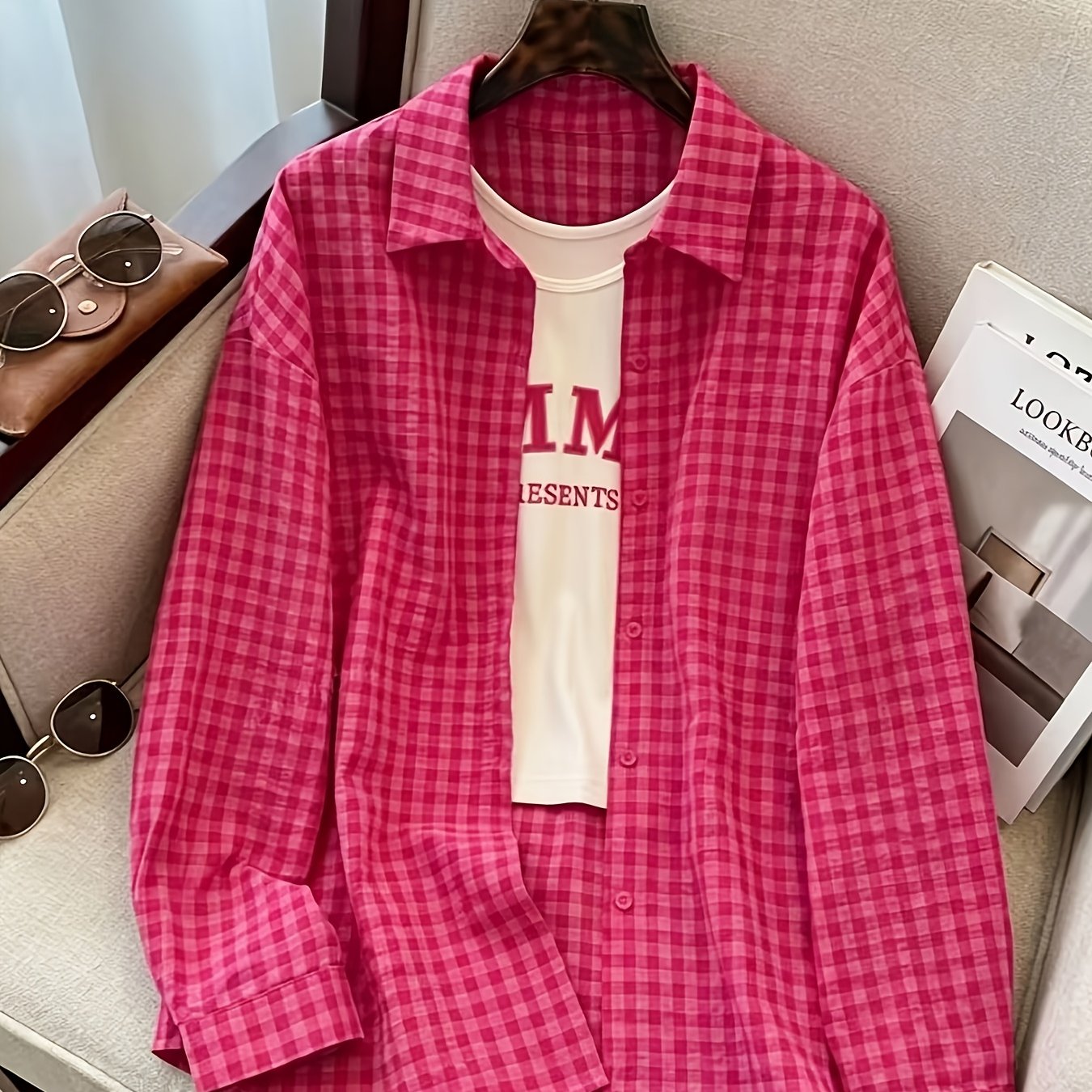 TEMU Plaid Shirt - Vintage Loose Fit Versatile Long Sleeve Shirt, Mid-length Versatile Casual Outerwear For Women