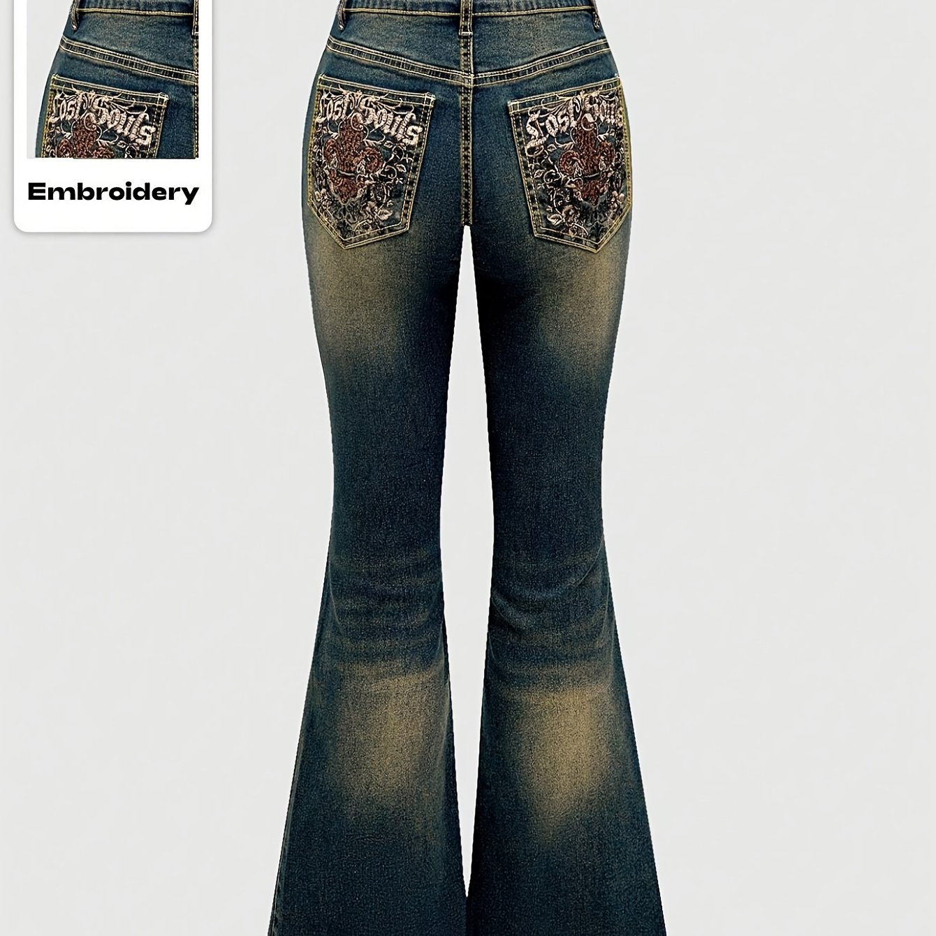Image of Women's Vintage Elegant Flare Jeans - Slim Fit With Embroidered Pockets, Stretch Washed Denim Machine Washable For
