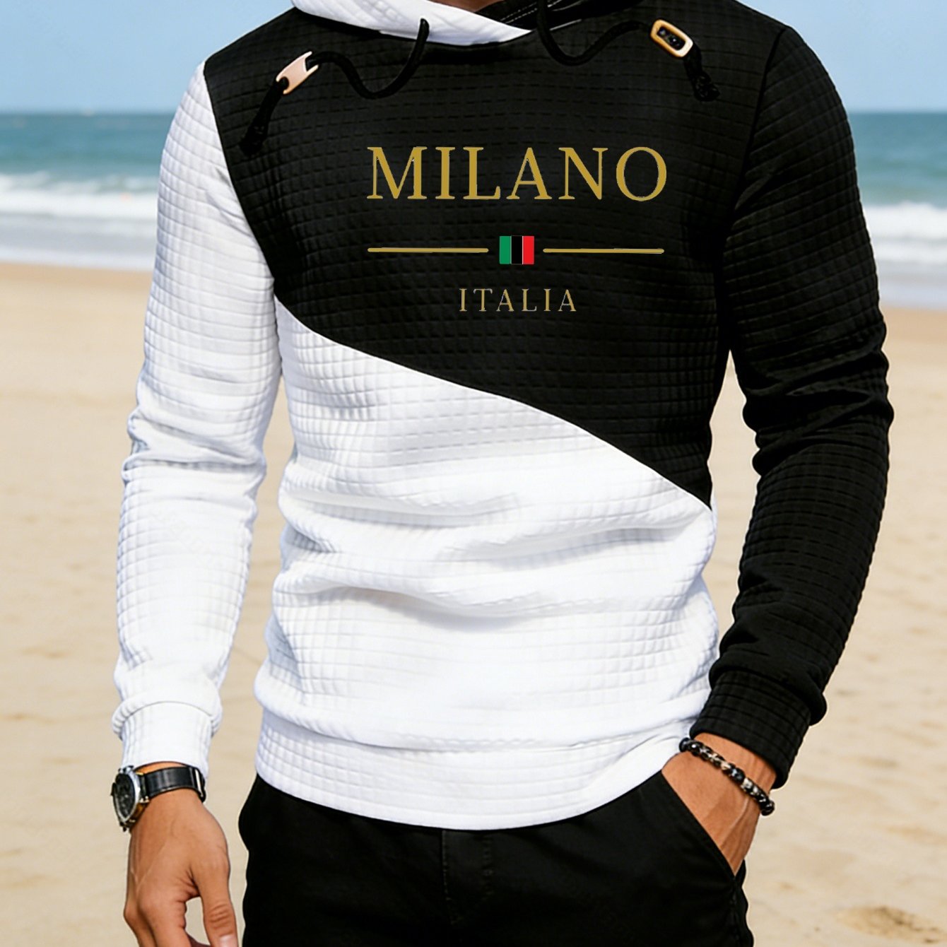 TEMU Italia Striped Pattern Print Men's Fashion Hoodie Outdoor Sports Gift For Boyfriend Fashion Sweatshirt Casual Pullover