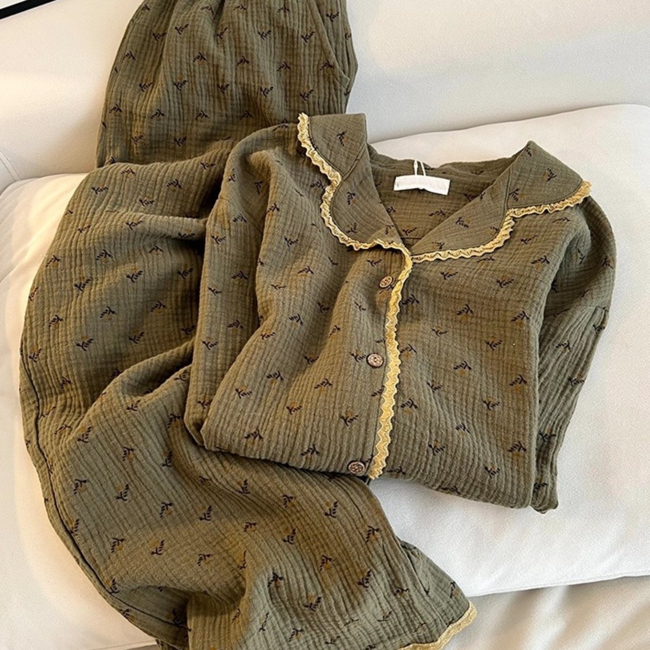 TEMU Women's Lace Trim Printed Sleepwear Set, Long Sleeve Button Front Top And Elastic Waist Pants