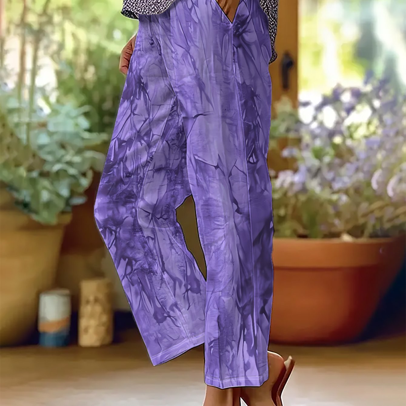 TEMU Pantalon décontracté pour femmes, coupe droite, avec imprimé motif irrégulier violet, taille élastique avec cordon de serrage, tissu, lavable en