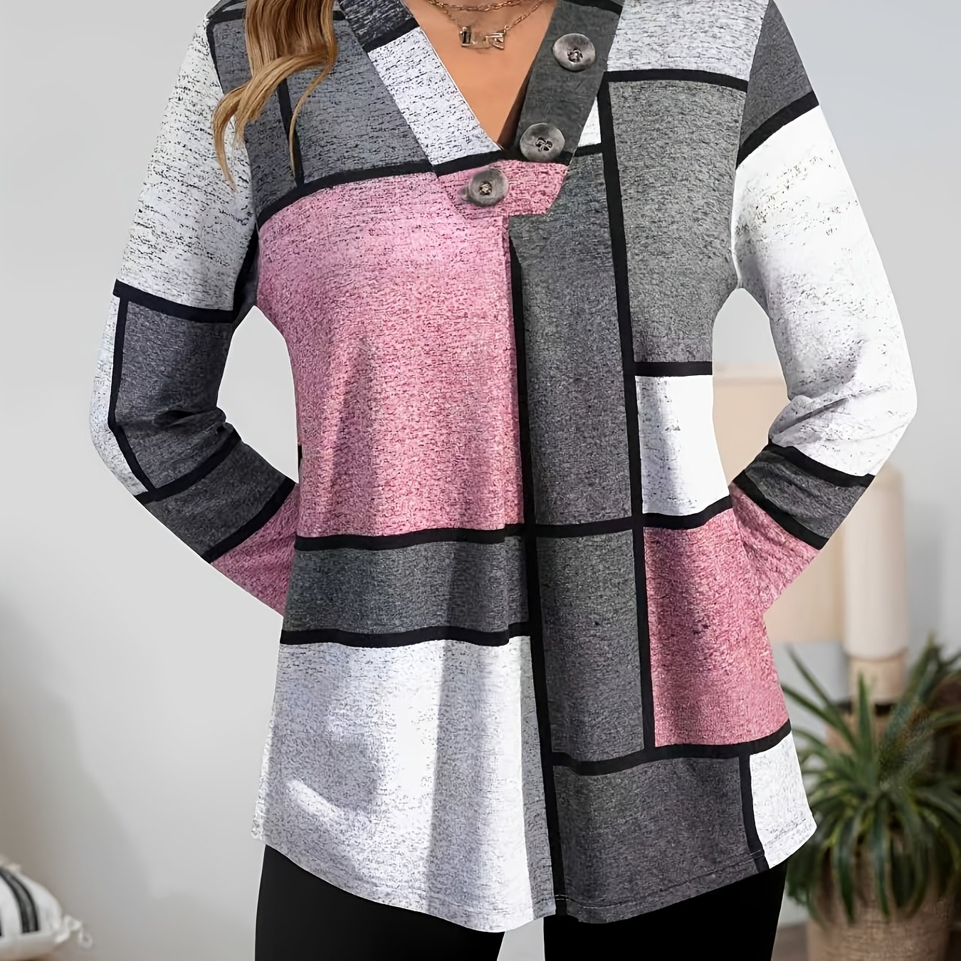 Image of Plus Size, Plus-size Women's Button V-neck T-shirt - Soft Medium Stretch, Casual Long Sleeve, Placement Print, Women's Plus-size Top