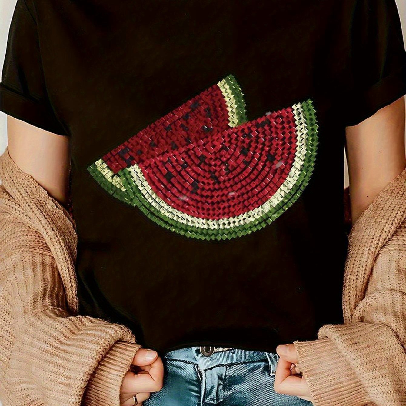TEMU Women's Casual Crew Neck T-shirt - Soft Polyester Blend With Slight Stretch, Breathable Fabric, Vibrant Watermelon Print, Regular Fit Short