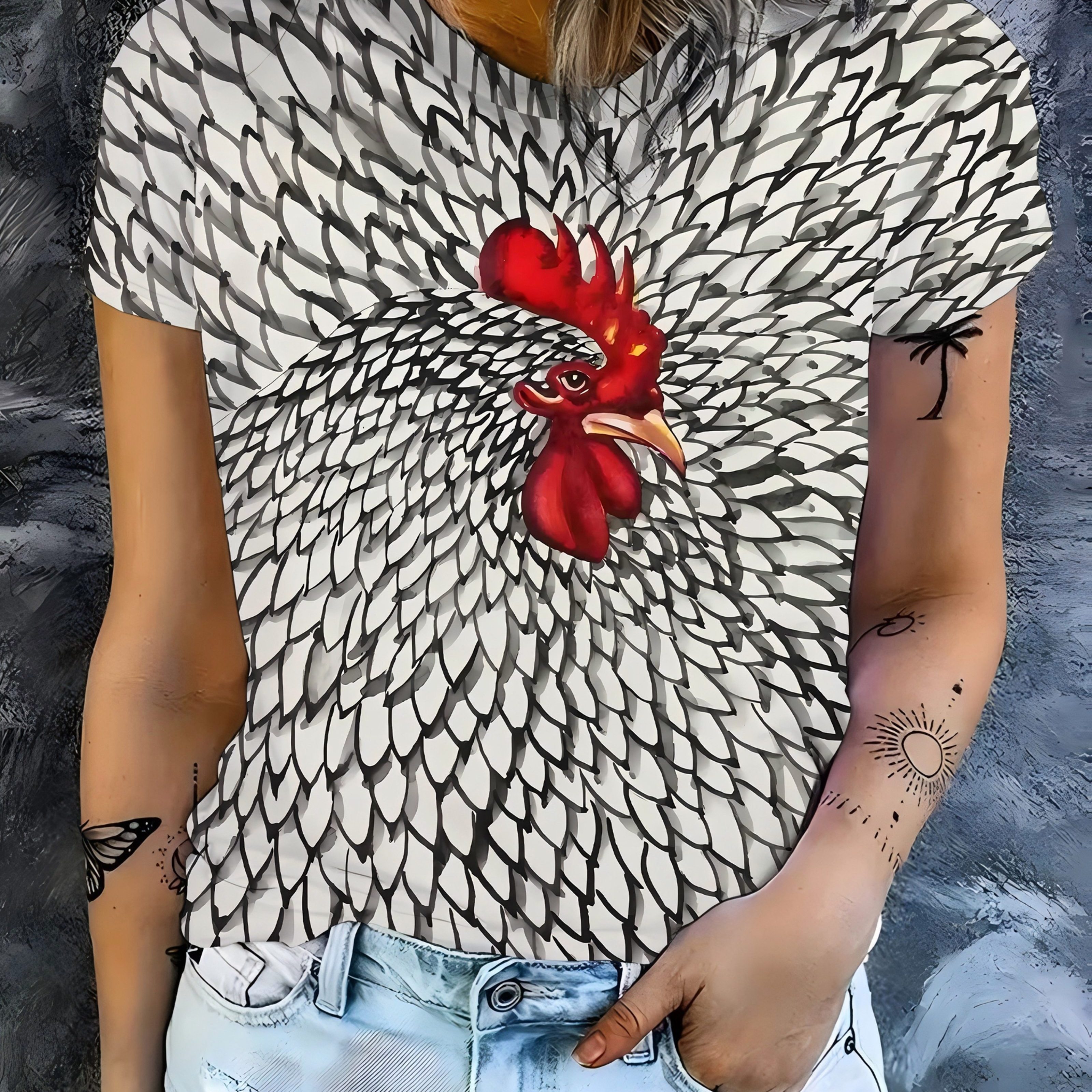 TEMU Dames T-shirt met korte mouwen, haanveren en hoofdprint, gemaakt van 180G/M² - Stof, zacht en comfortabel, geschikt voor feestjes/omdatje
