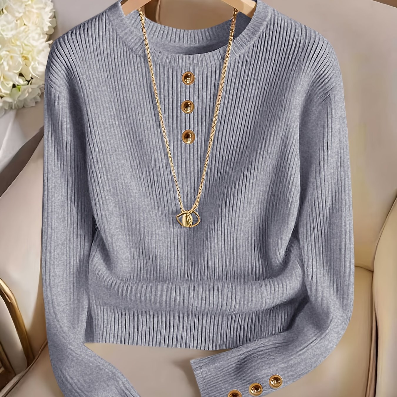 TEMU Plus Size - Plus Size - Plus Size Women's Fashion Ribbed Fabric Solid Color Round Neck Button Long Sleeve Top