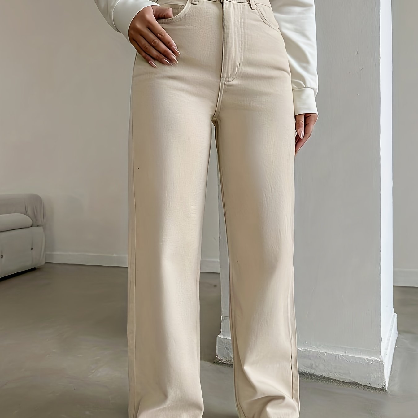 Image of 2026 New Women's High-waist Straight Beige Stretch Jeans, Button Closure, Loose Fit, , , High-waist Women's Jeans