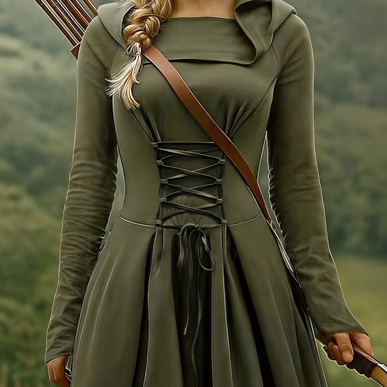 TEMU Medieval Women's Dress: Hooded, Lace-up, Forest Green Long Sleeve Hoodie, Suitable For Larp Cosplay Costumes And Fantasy Hooded Attire