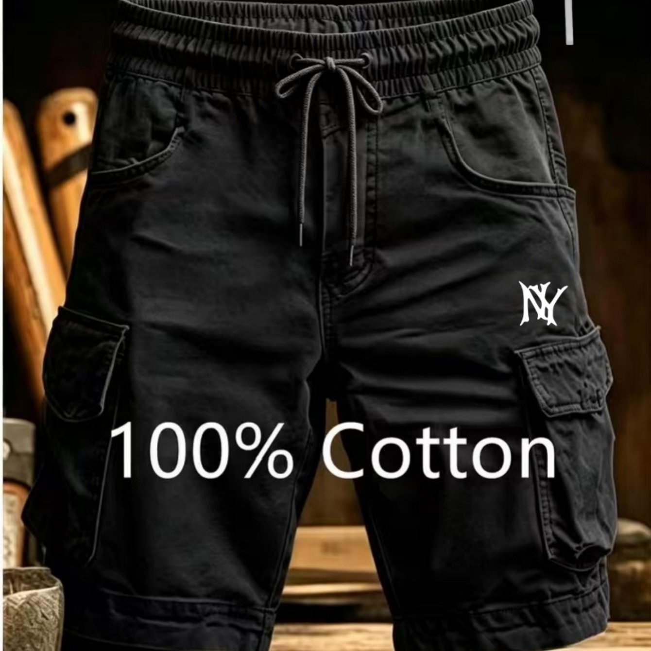 Image of Men's Summer Cotton Utility Shorts 2pcs Combo With Free Necklace, Multi-pocket Streetwear Style