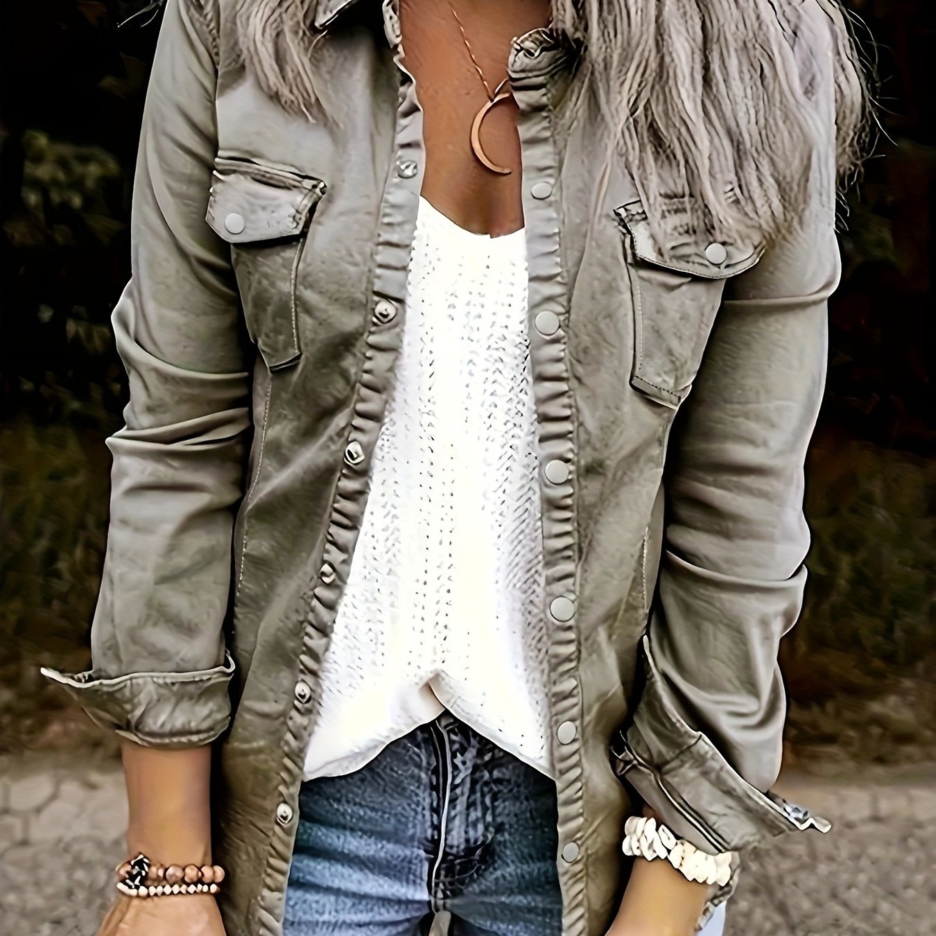 TEMU Solid Color Long Sleeve Button Up Retro Style Flap Pocket Denim Shirts Top, Women's Denim Jeans & Clothing