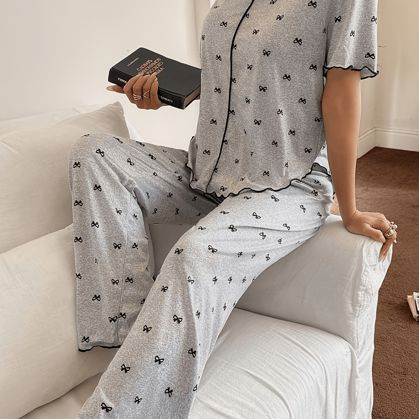 TEMU Women's Pajama Set, V-neck Print Short Sleeve Top And Long Pants 2pcs Sleepwear Set, Cute Loungewear For Women, Spring/summer