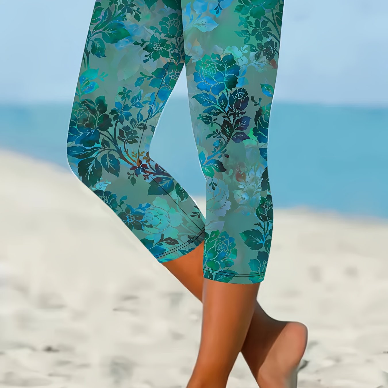 E-shop Tingyu's Directional Development Resort-Stil Europäischer Amerikanischer Modetrend Bedruckte Stretch-Basisschicht-Caprihose