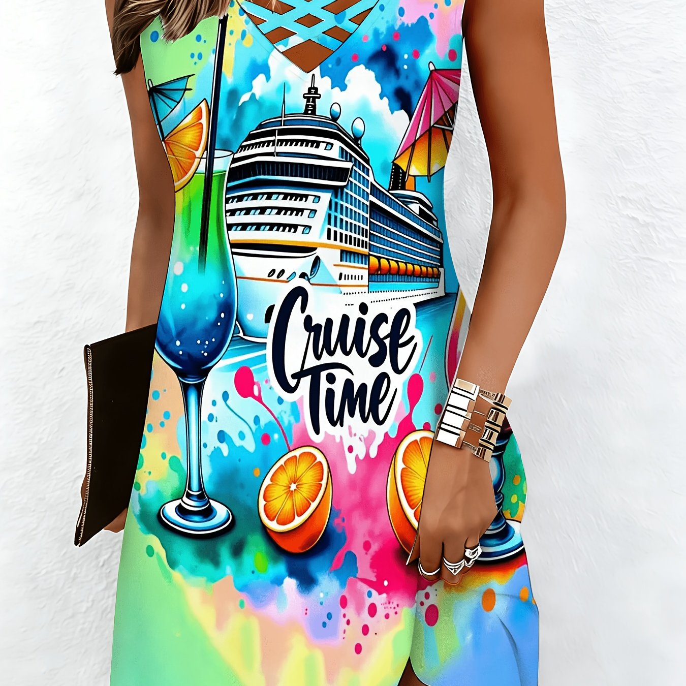 TEMU Women's Full Print Hollow Out Neck Dress, Cruise Ship Print Crisscross Cutout Neckline Dress, Sleeveless V-neck Dress, Summer A-line Mini Dress,