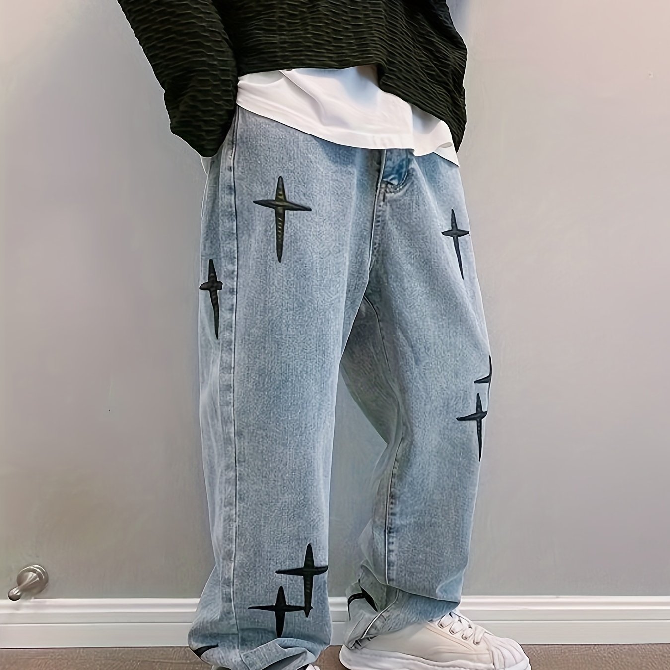 Image of 2024 New Embroidered Loose-fitting Jeans For Men, Casual Baggy Denim Pants In Light Blue, Hip Hop Oversized Trousers