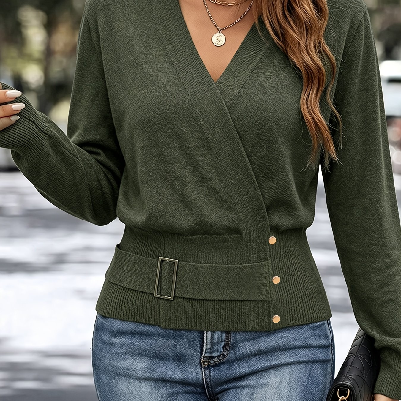TEMU Women's Instagram-style Autumn/winter Cross-neckline Pullover, Versatile Slim-fit Elegant Machine-washable Long-sleeve Sweater - Belt With Metal