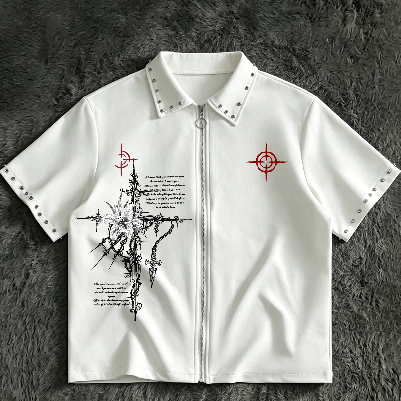 TEMU Chemise à manches courtes pour femmes avec col rivet, fermeture éclair, imprimé floral foncé et croix, haut court, style cool et