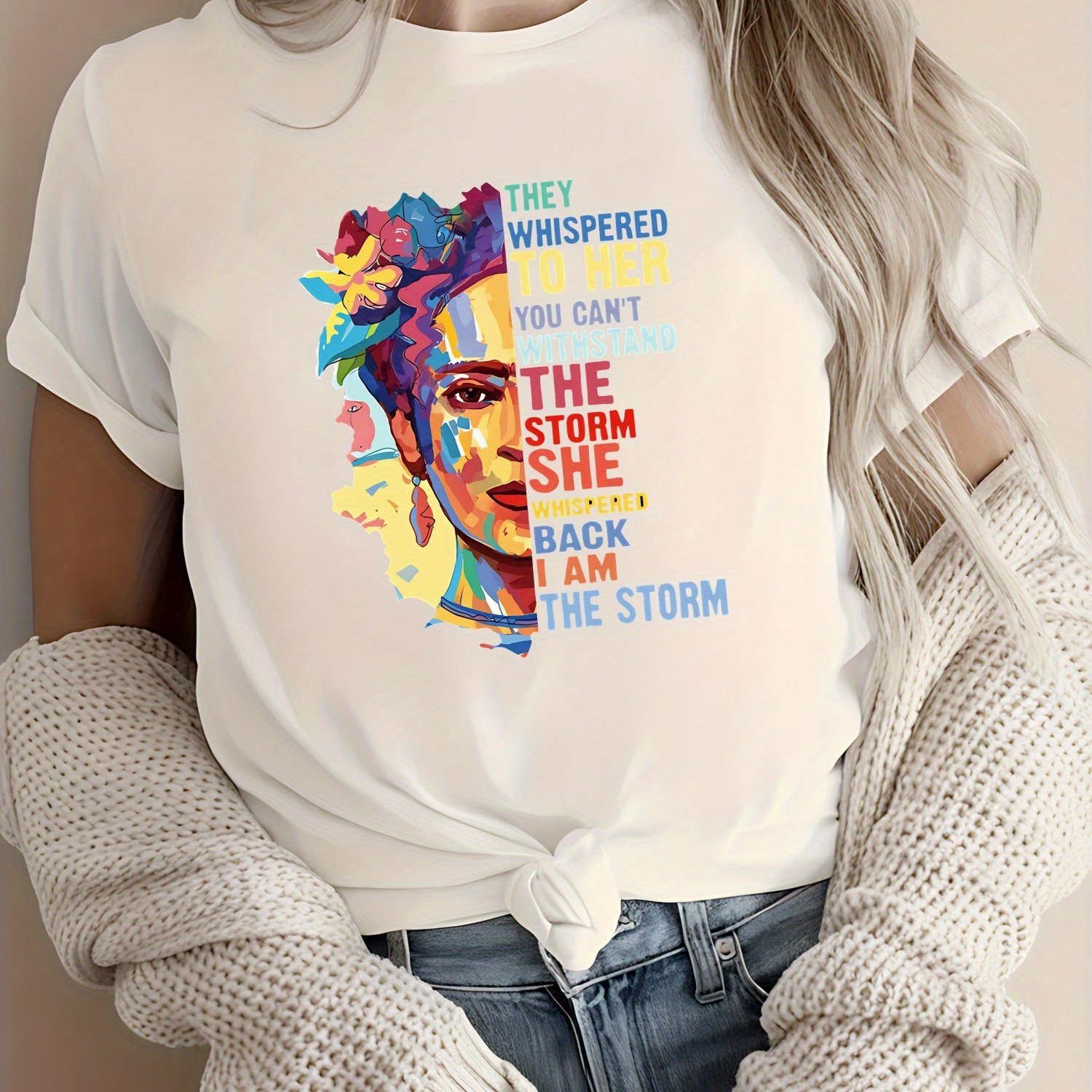 Image of Women's 100% T-shirt With Colorful Abstract Face & Inspirational Quotes - Geometric Positive Affirmion Print Round Neck Breathable Top For Casual Wear,, - - Comfortable Casual Tee