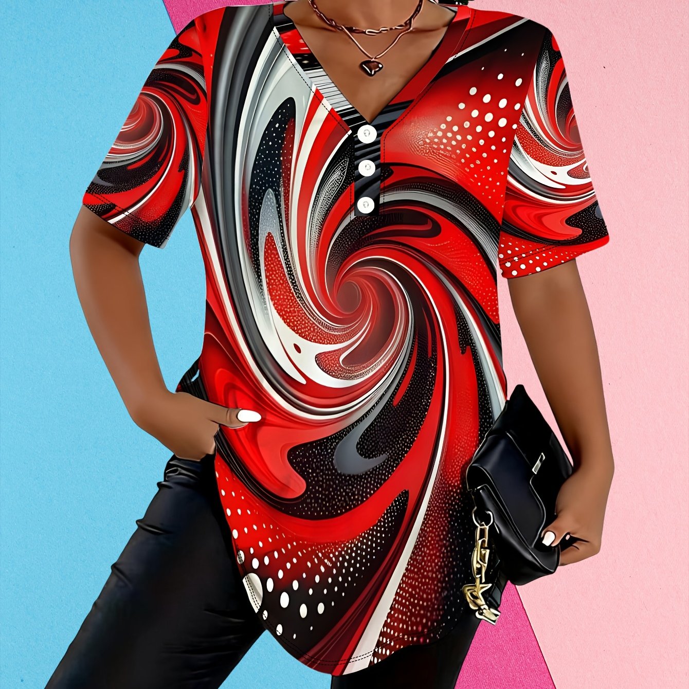 TEMU Grande Taille - Grande Taille - T-shirt d'été à col en V pour femmes, grande taille, boutons, imprimé tourbillon , haut décontracté et
