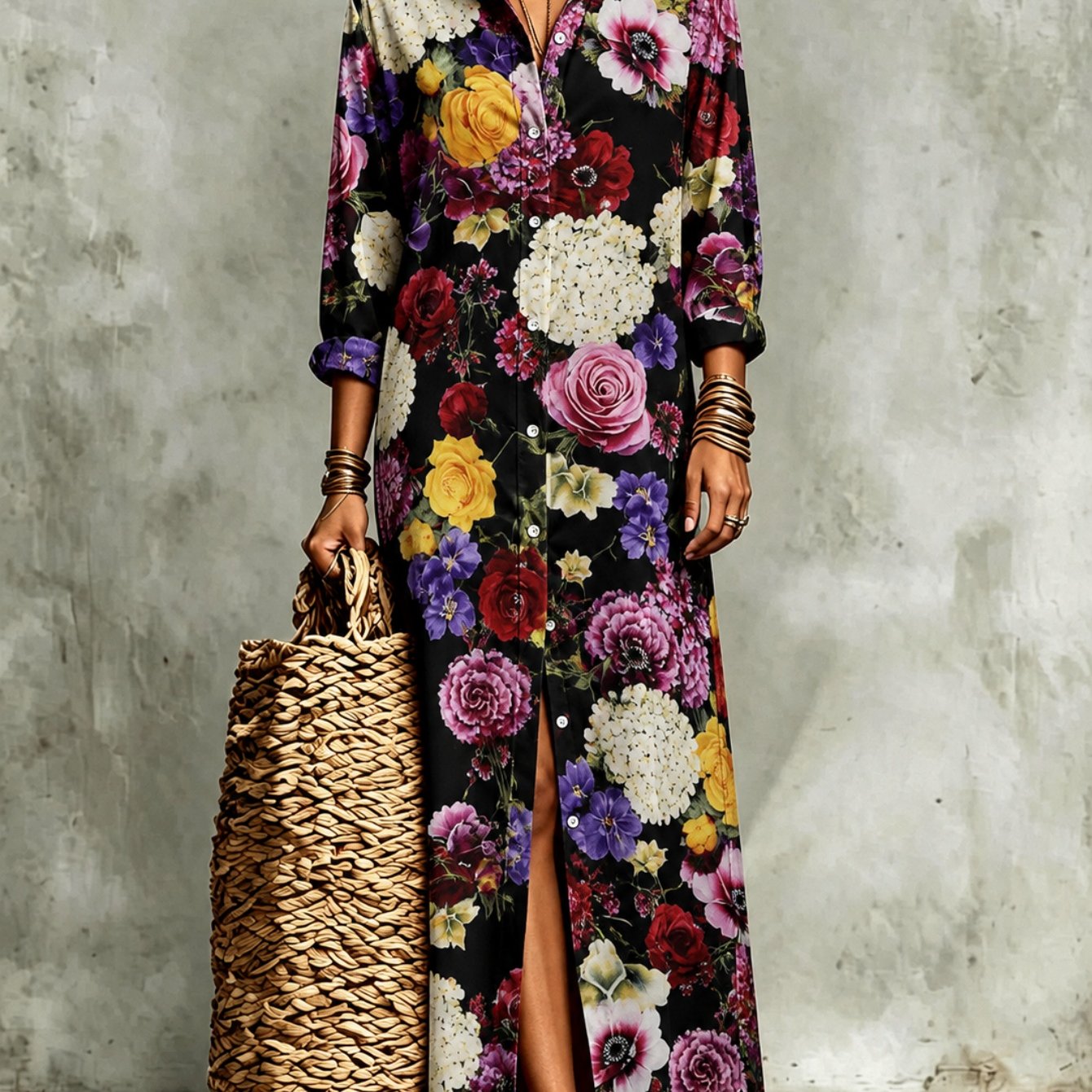Image of Plus Size - 2026 Autumn New Long Sleeve Shirt Dress For Women, Vintage Mixed Color Floral Front Slit Maxi Dress, Relax For Daily Life Office And Beach Holiday