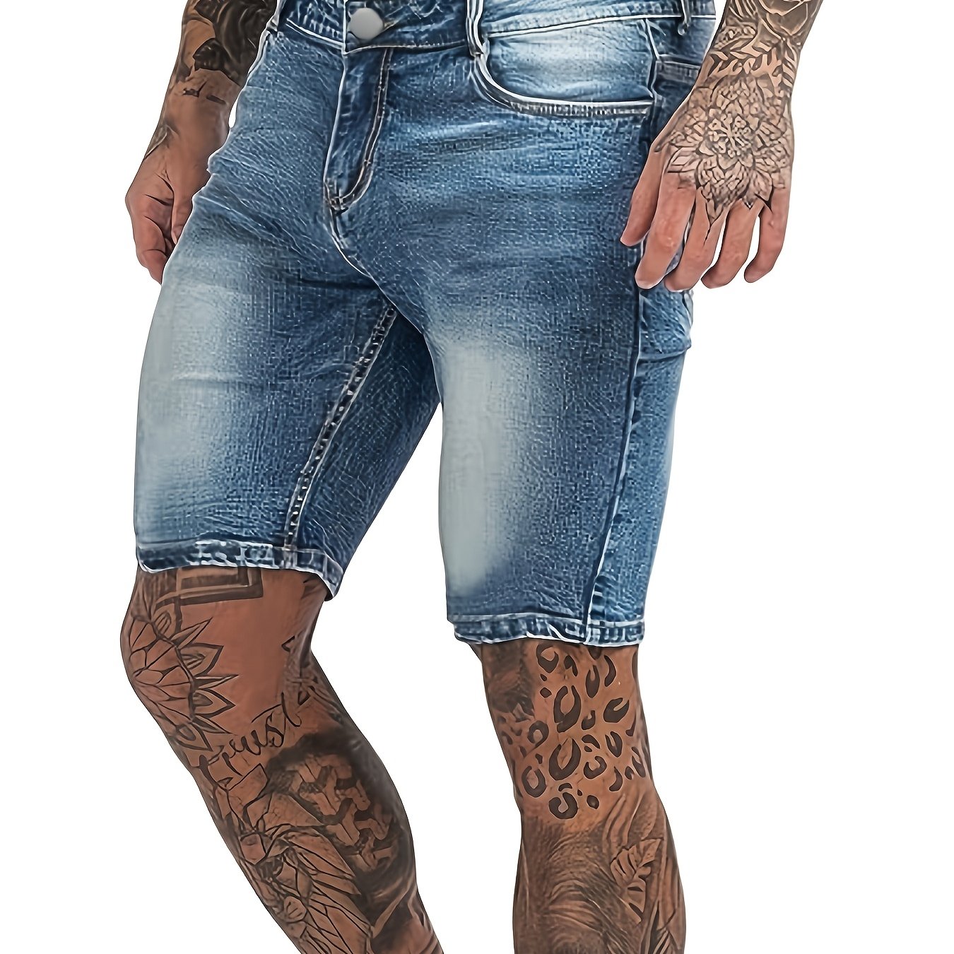 Image of Men's Blue Denim Shorts. Slim - Fit, Easy And Stylish. The Fabric Is Comfortable, Soft And Wear - Resistant. Trendy And Suitable For Street - Style Outfits, Perfect For Summer Leisure