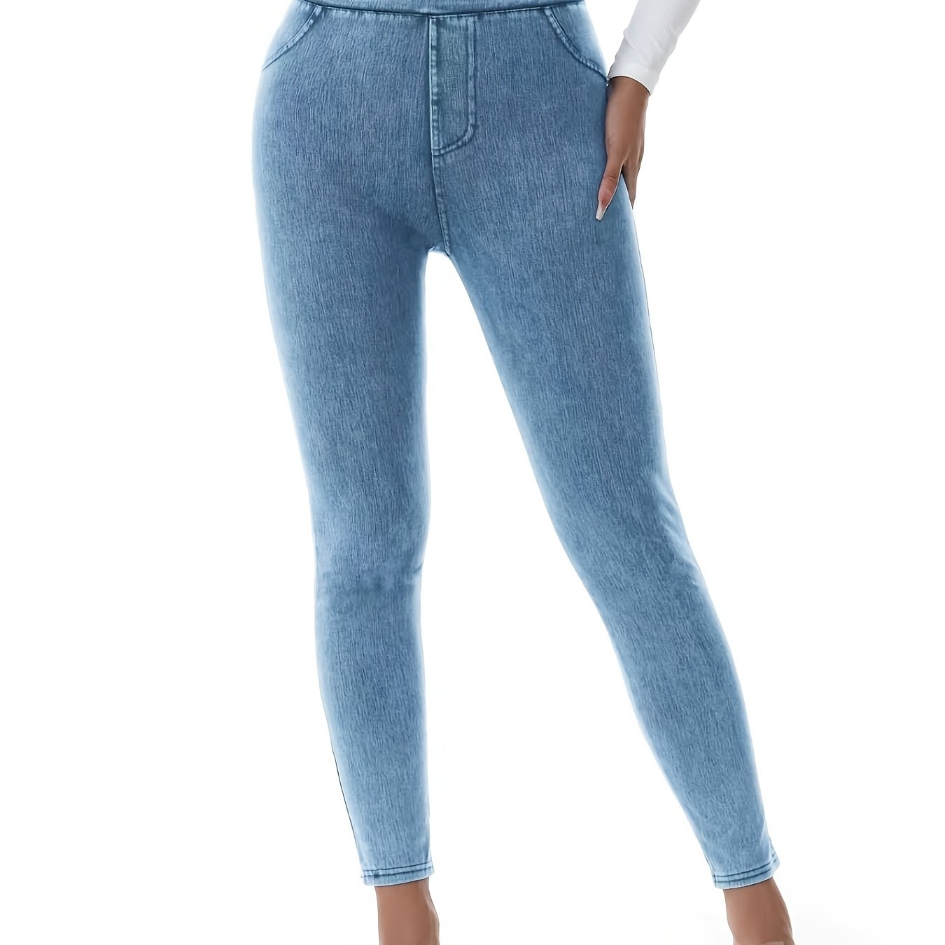 Women's High-waist Elastic Band Pocket Leggings, Medium Support, Smooth Fabric, Stretch, Elegant Style, Solid Color, Essential Item For Women'