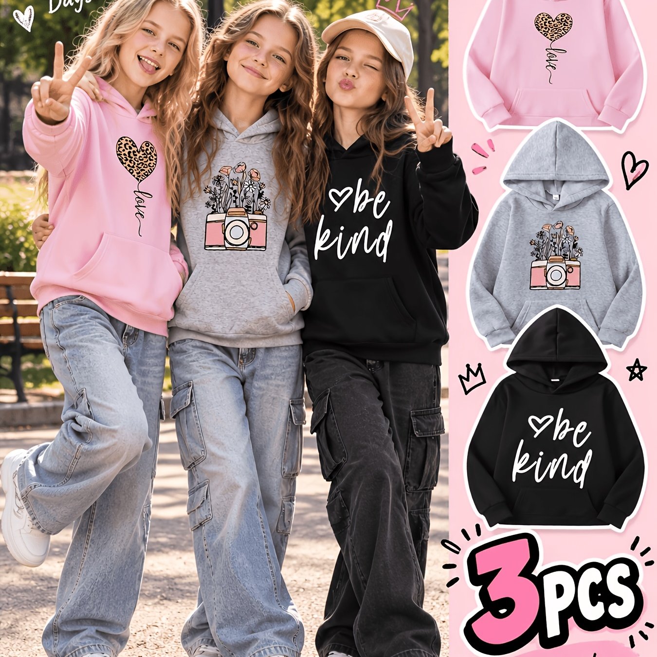 Image of A Set Of 3 Cute Patterned Hooded Sweatshirts For Girls, Perfect For Casual Outdoor Wear And Autumn, Suitable For Everyday Use