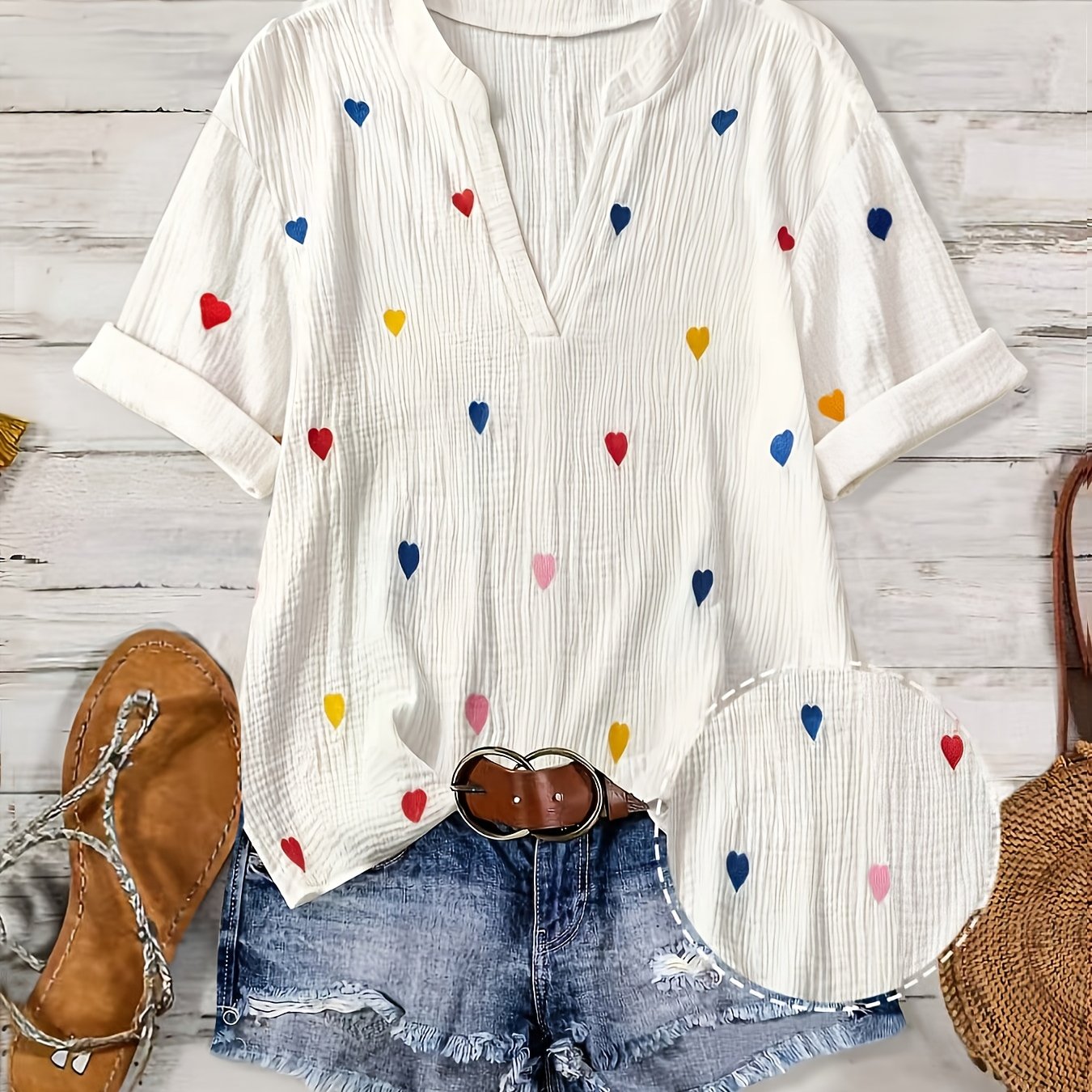 E-shop Plus Size, Damen Casual Mode Kurzarmhemd mit Herzprint, Vielseitiger Valentinstag College-Stil, Ideal für den Sommer