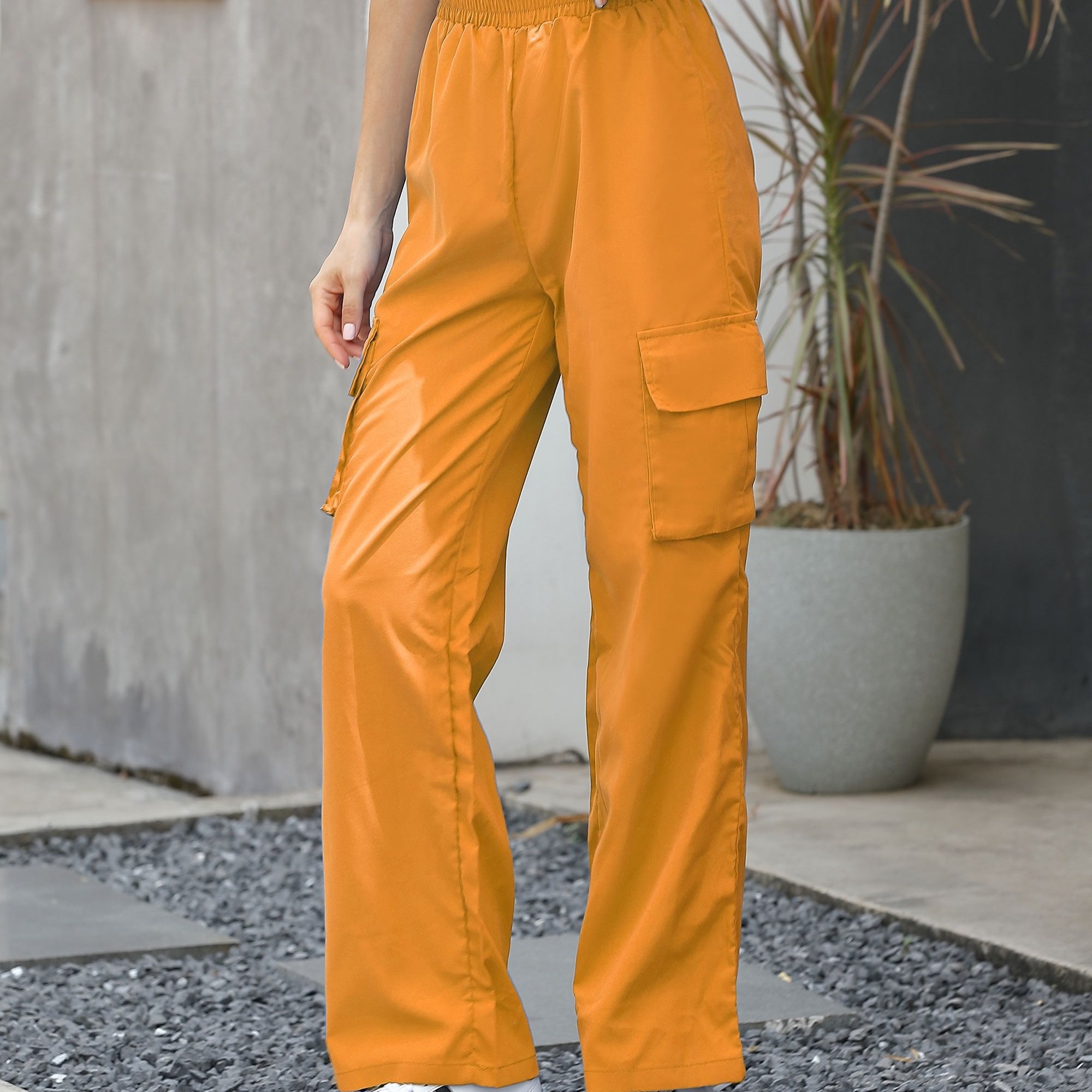 Loose Straight Cargo Pants, Casual Pocket High Waist Solid Wide Leg Fashion  Comfy Pants, Women's Clothing