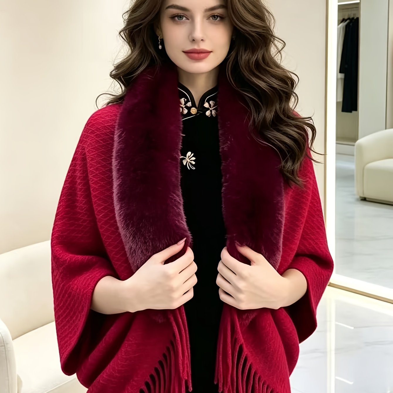 TEMU Cardigan, Autumn Winter Elegant , Fringed Cape Scarf Jacket - Lightweight Warm Coat For Parties, Office, Casual Wear - Fashionable Autumn Winter